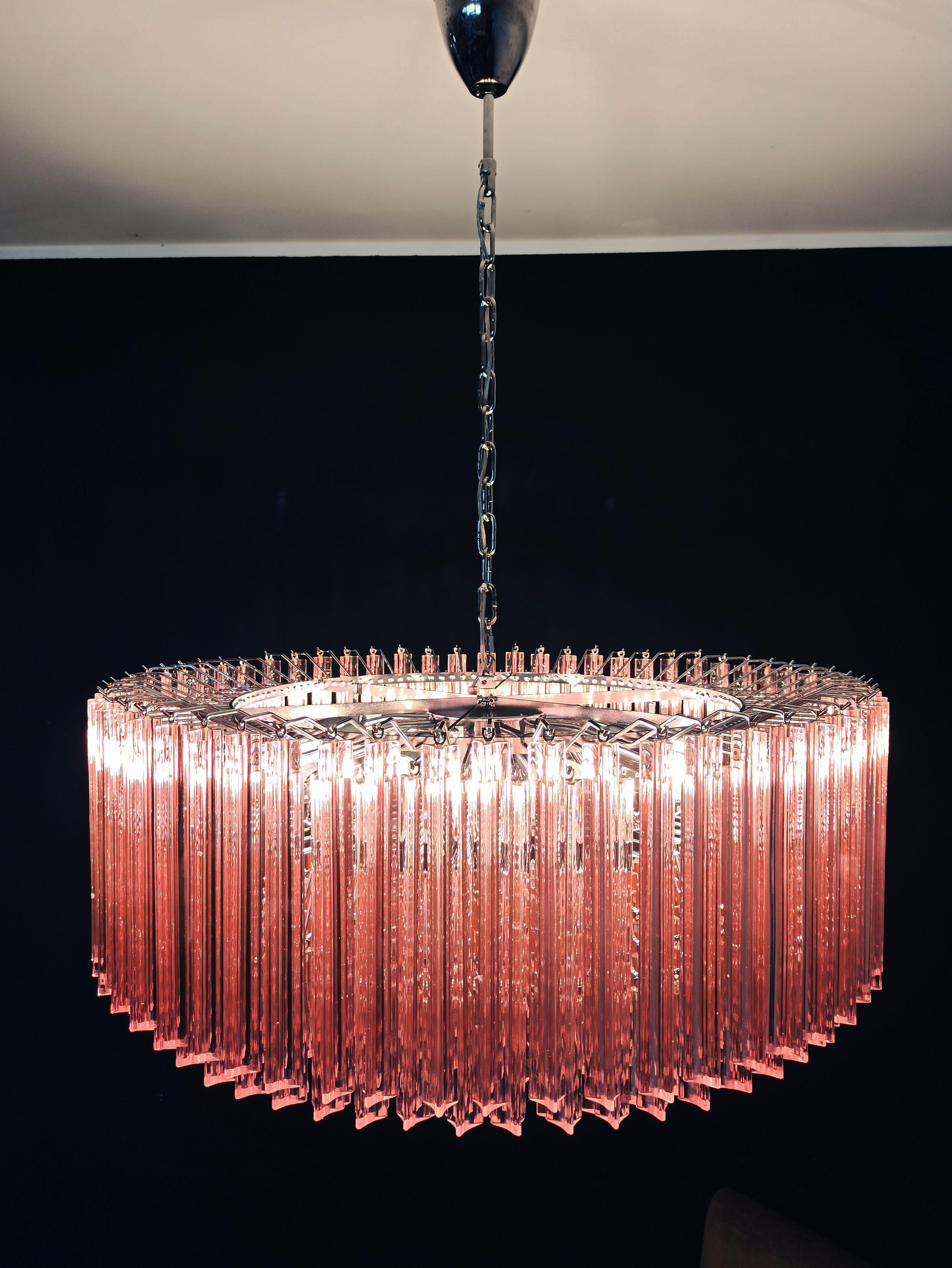 Large Triedri Murano Glass Chandelier, 391 Pink Prims Triedri For Sale 2