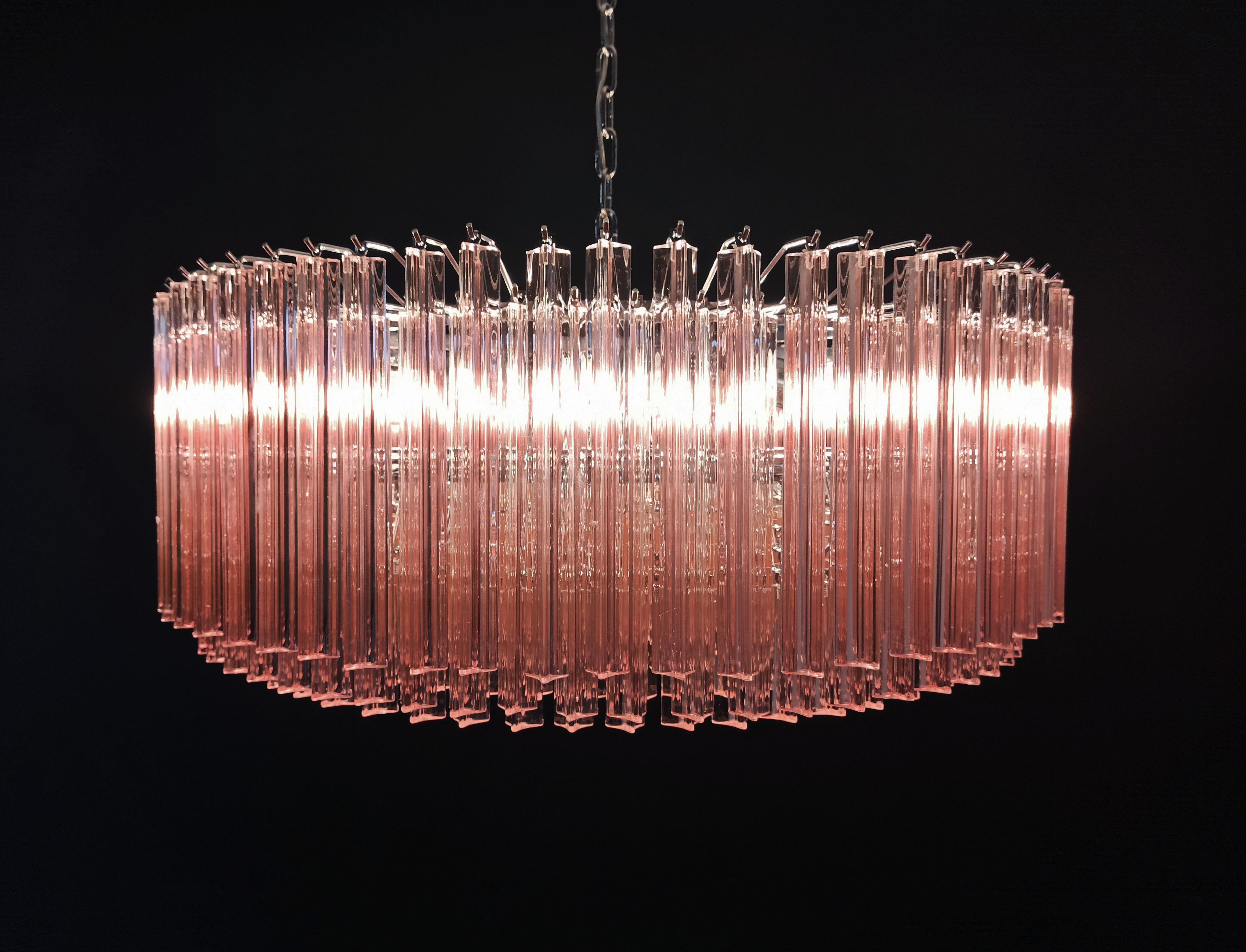 Large Triedri Murano Glass Chandelier, 391 Pink Prims Triedri For Sale 3