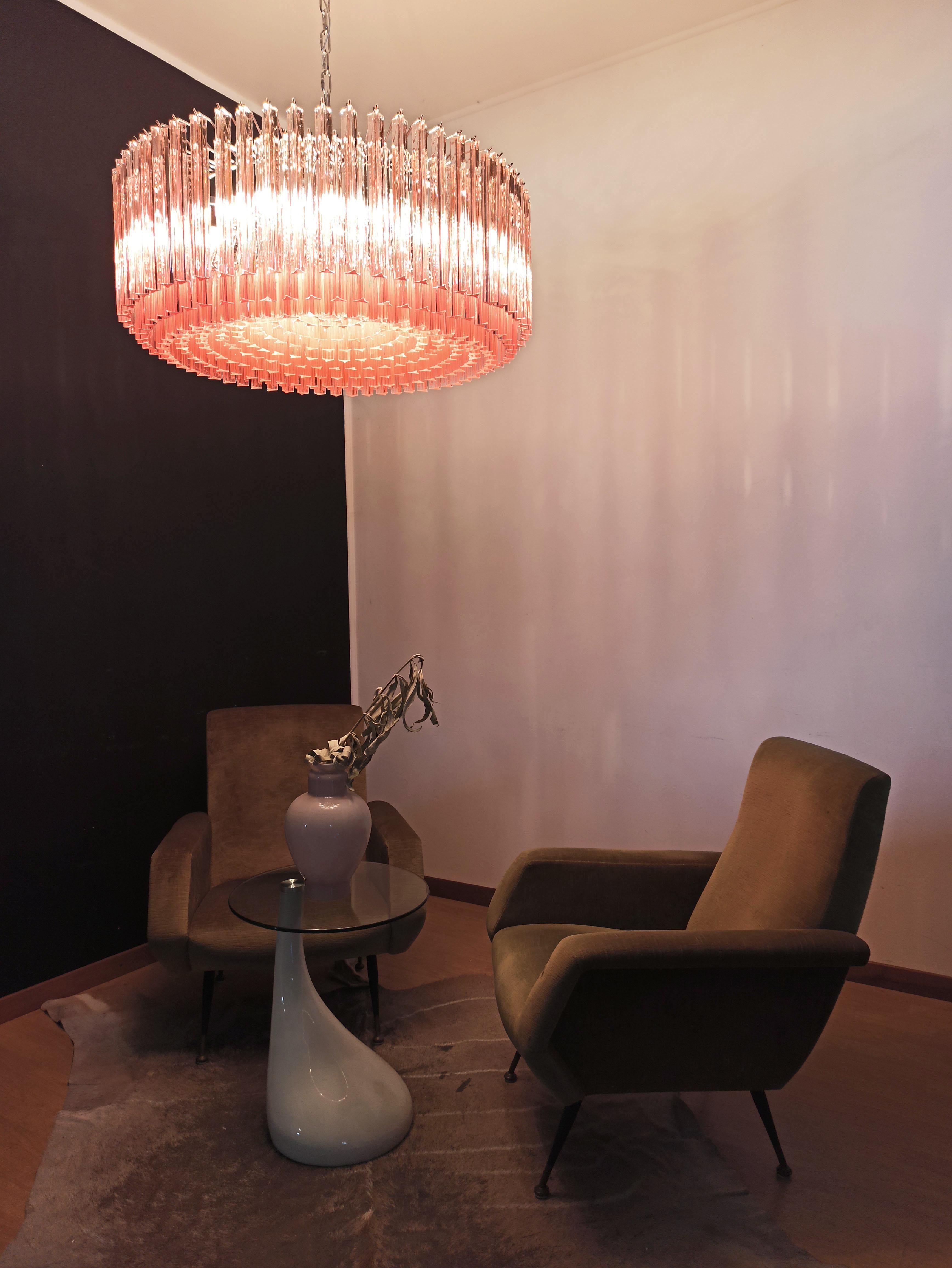 Large Triedri Murano Glass Chandelier, 391 Pink Prims Triedri For Sale 4
