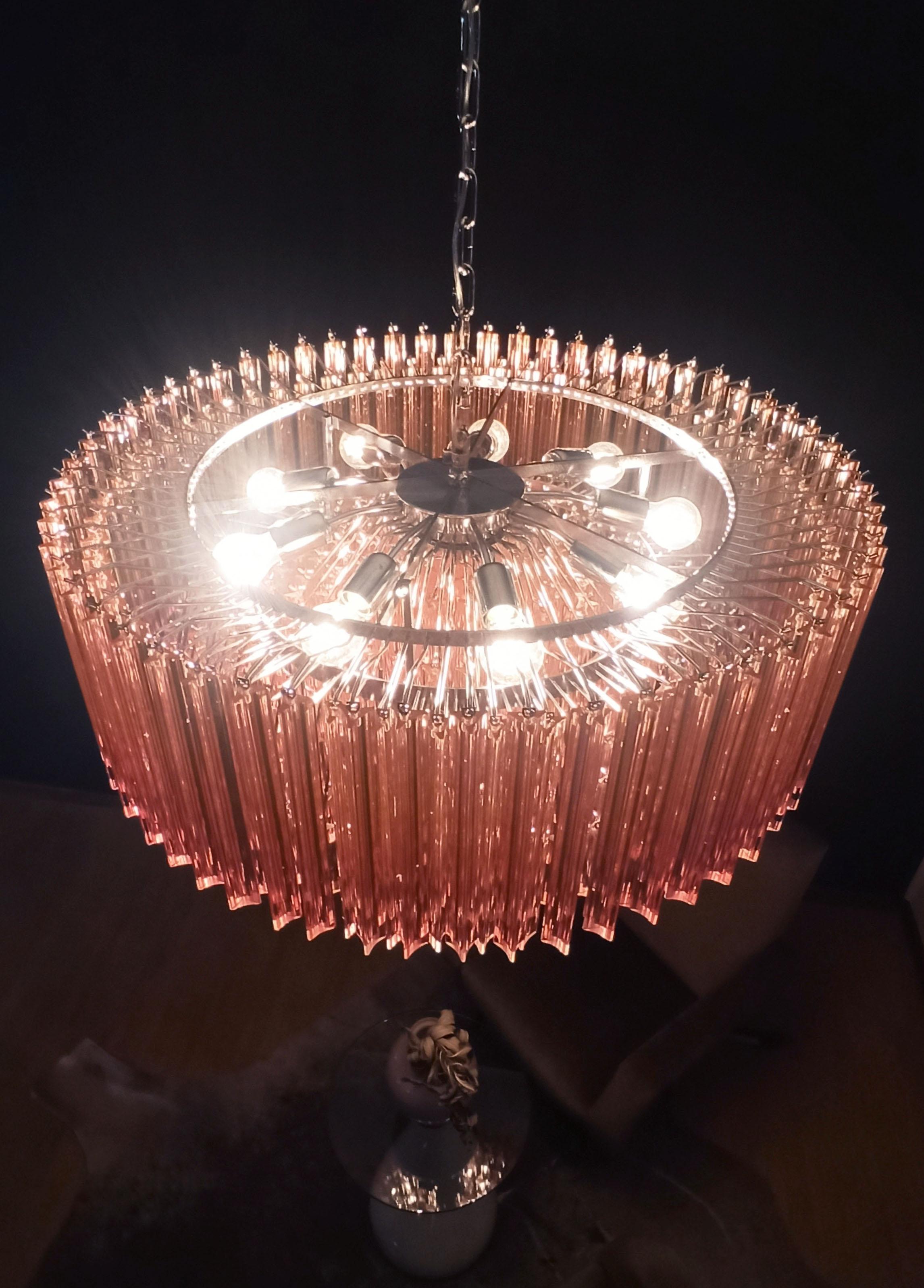 Large Triedri Murano Glass Chandelier, 391 Pink Prims Triedri For Sale 5