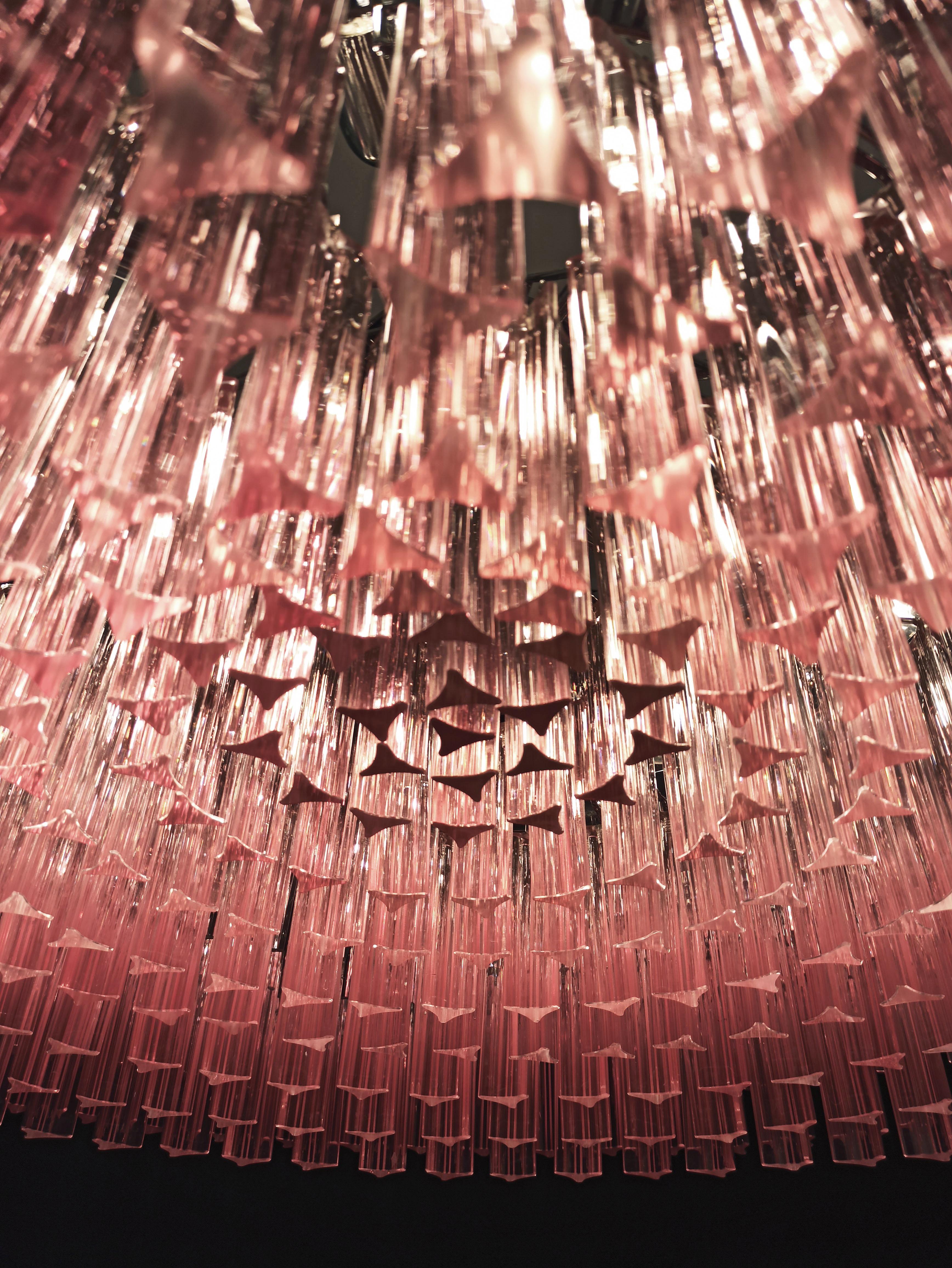 Large Triedri Murano Glass Chandelier, 391 Pink Prims Triedri For Sale 6