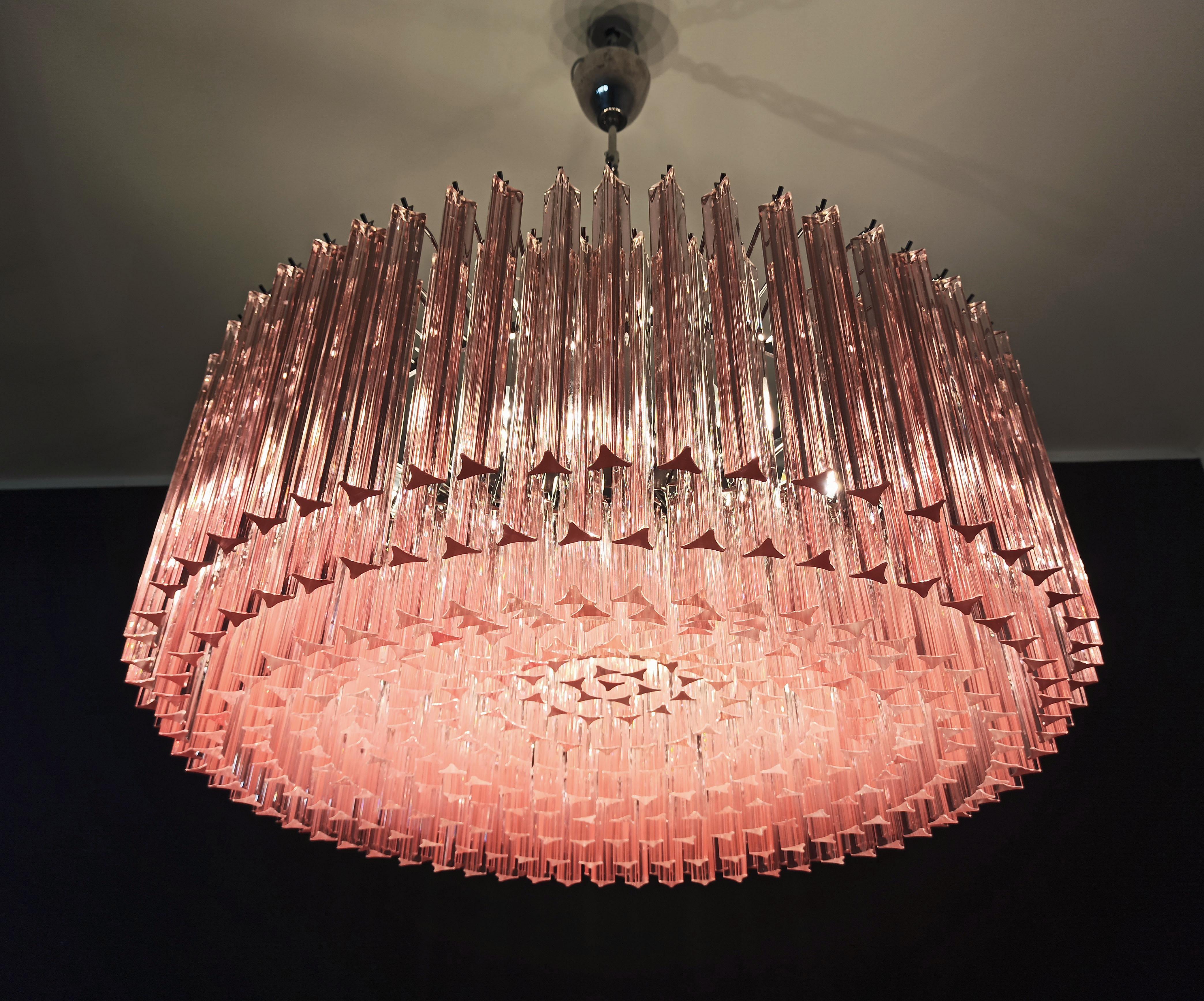 Large Triedri Murano Glass Chandelier, 391 Pink Prims Triedri For Sale 7