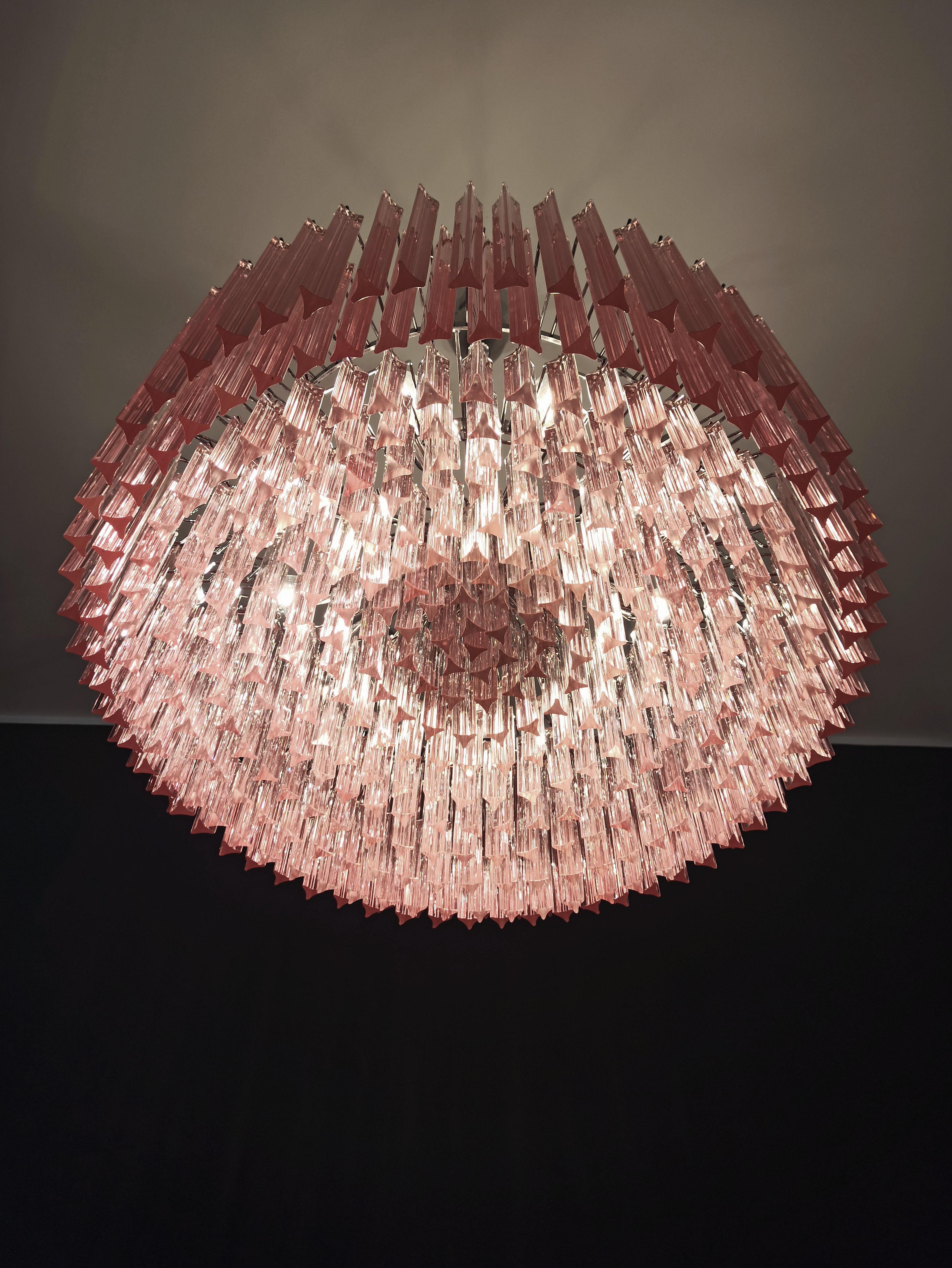 Large Triedri Murano Glass Chandelier, 391 Pink Prims Triedri For Sale 8