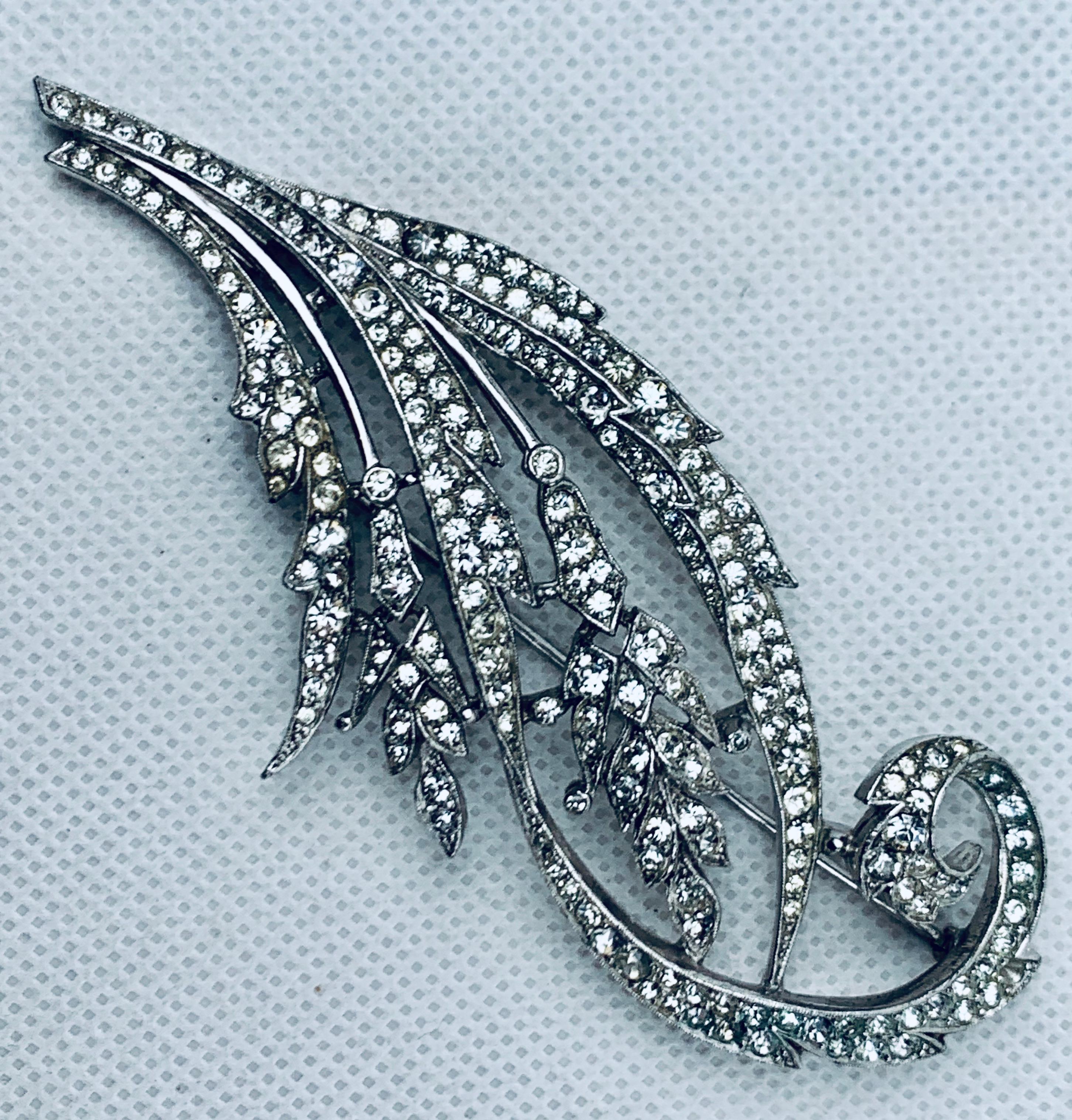 Large leafy spray brooch by Trifari.  The brooch is rhodium plated, however, Trifari had their own method of plating called Trifanium because it resembled platinum.  Their high quality costume jewelry was meant to look like authentic jewelry.
The
