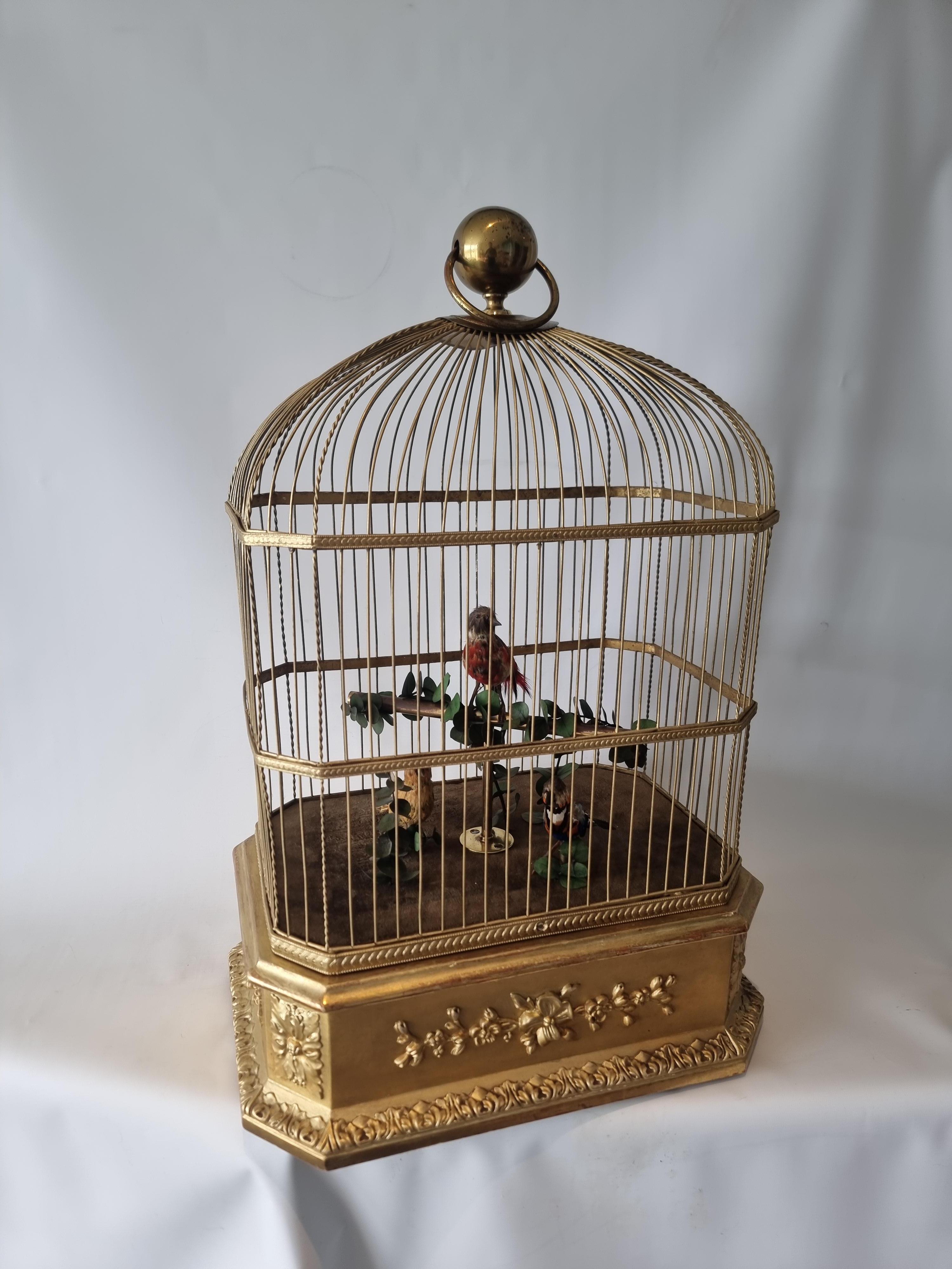 French Large triple antique singing bird-in-cage, by Phallibois For Sale