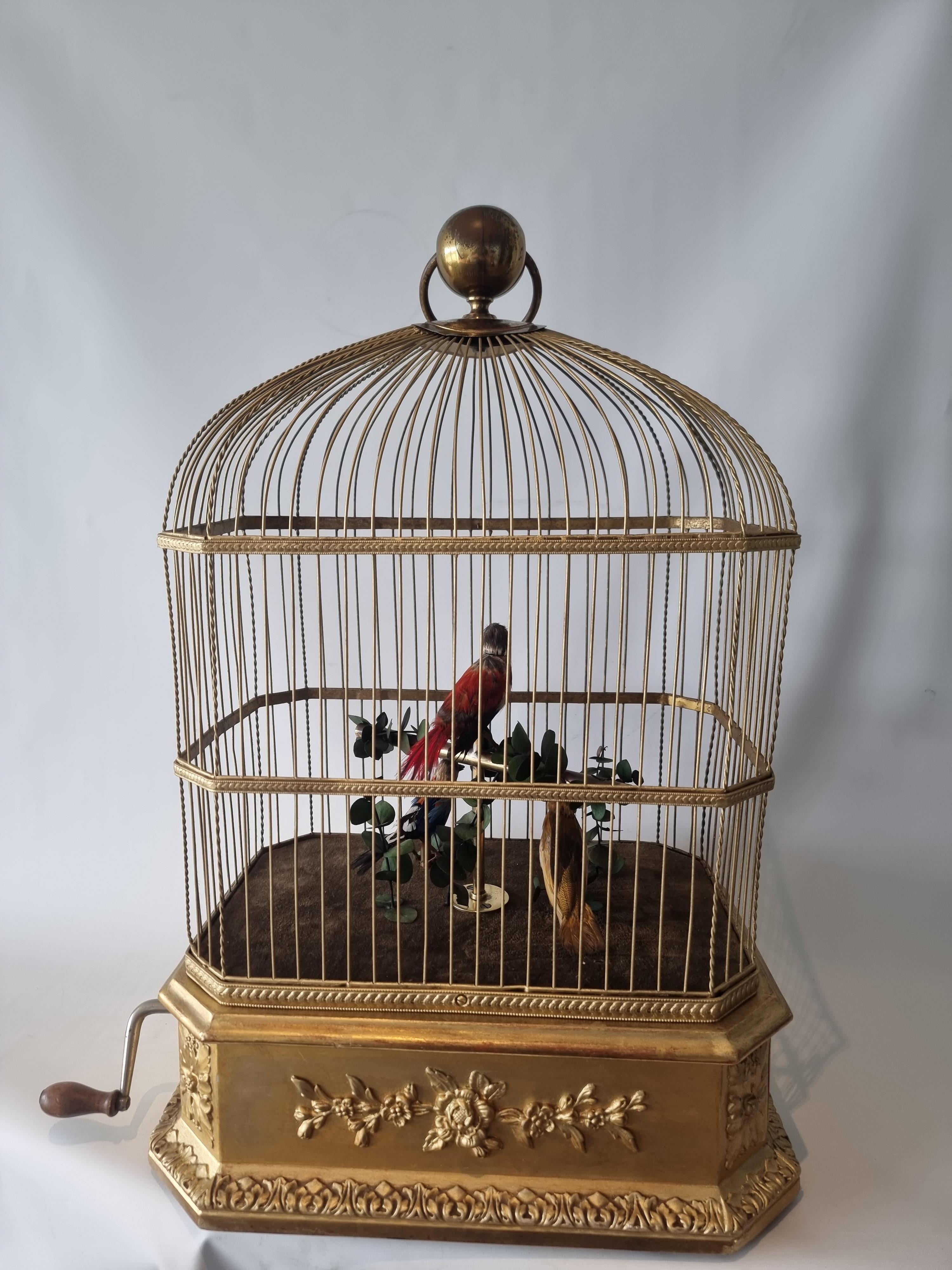 Gilt Large triple antique singing bird-in-cage, by Phallibois For Sale