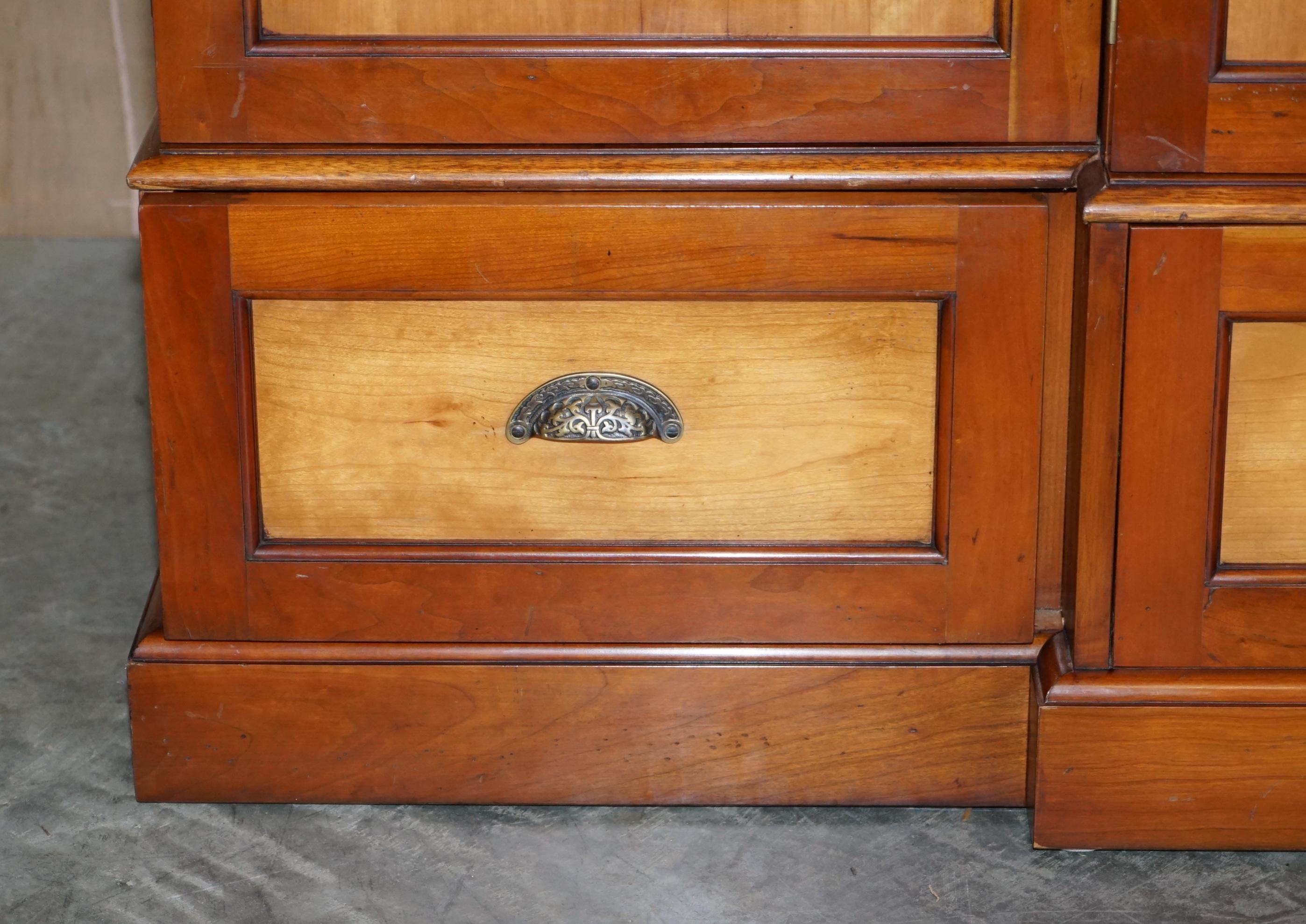 English Large Triple Cupboard Breakfront Wardrobe in Cherrywood & Walnut + Drawers Base