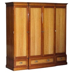 Vintage Large Triple Cupboard Breakfront Wardrobe in Cherrywood & Walnut + Drawers Base