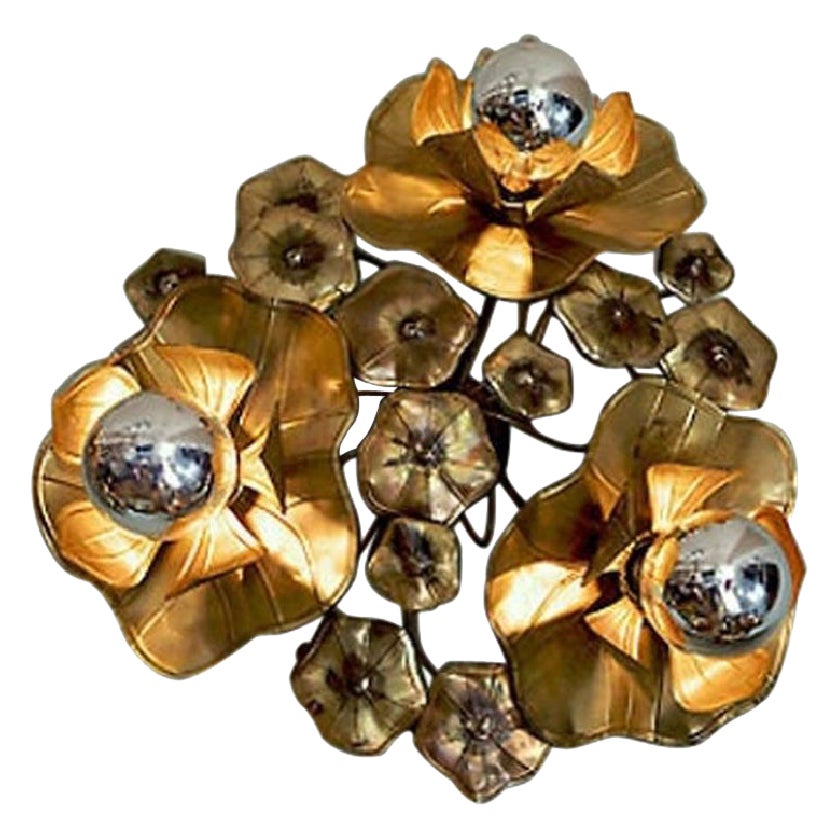 Large Triple Lotus Brass Flower Light for wall or ceiling by Valerie Wade