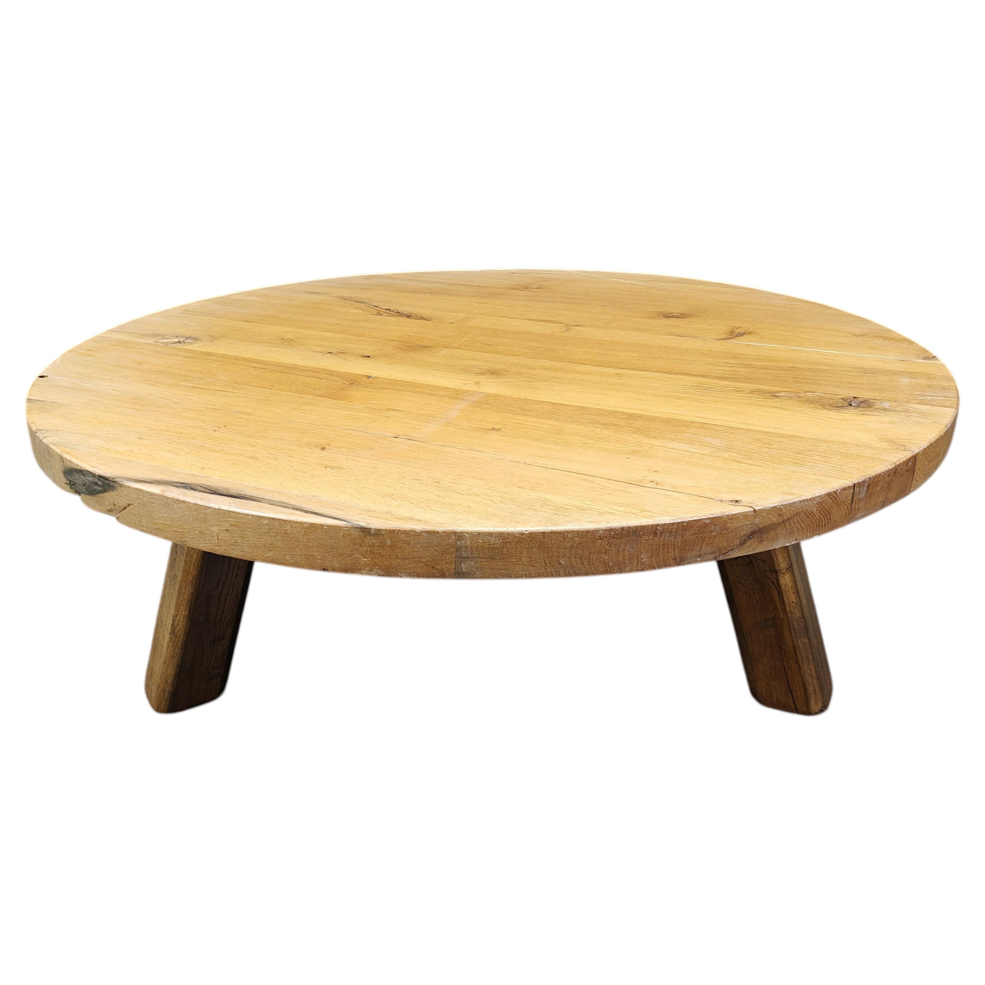 Large tripod round wooden brutalist coffee table, 1960s