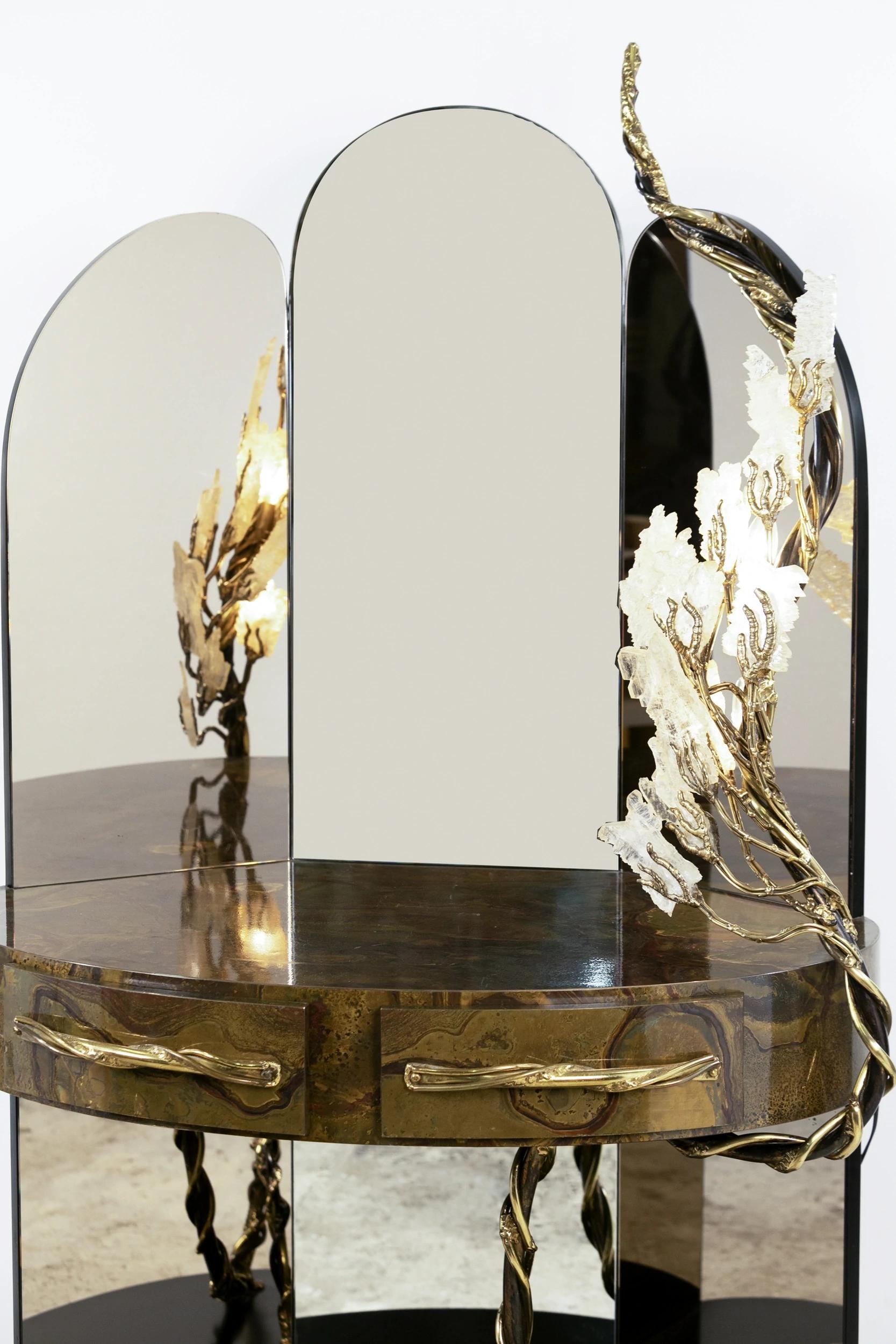 Large dressing table By Richard Faure, France circa 1980.
The combination of three mirrors (the middle one is of course colorless), the beautiful gypsum tree light sculpture and the etched brass tray with curved drawer and handles are a unique work