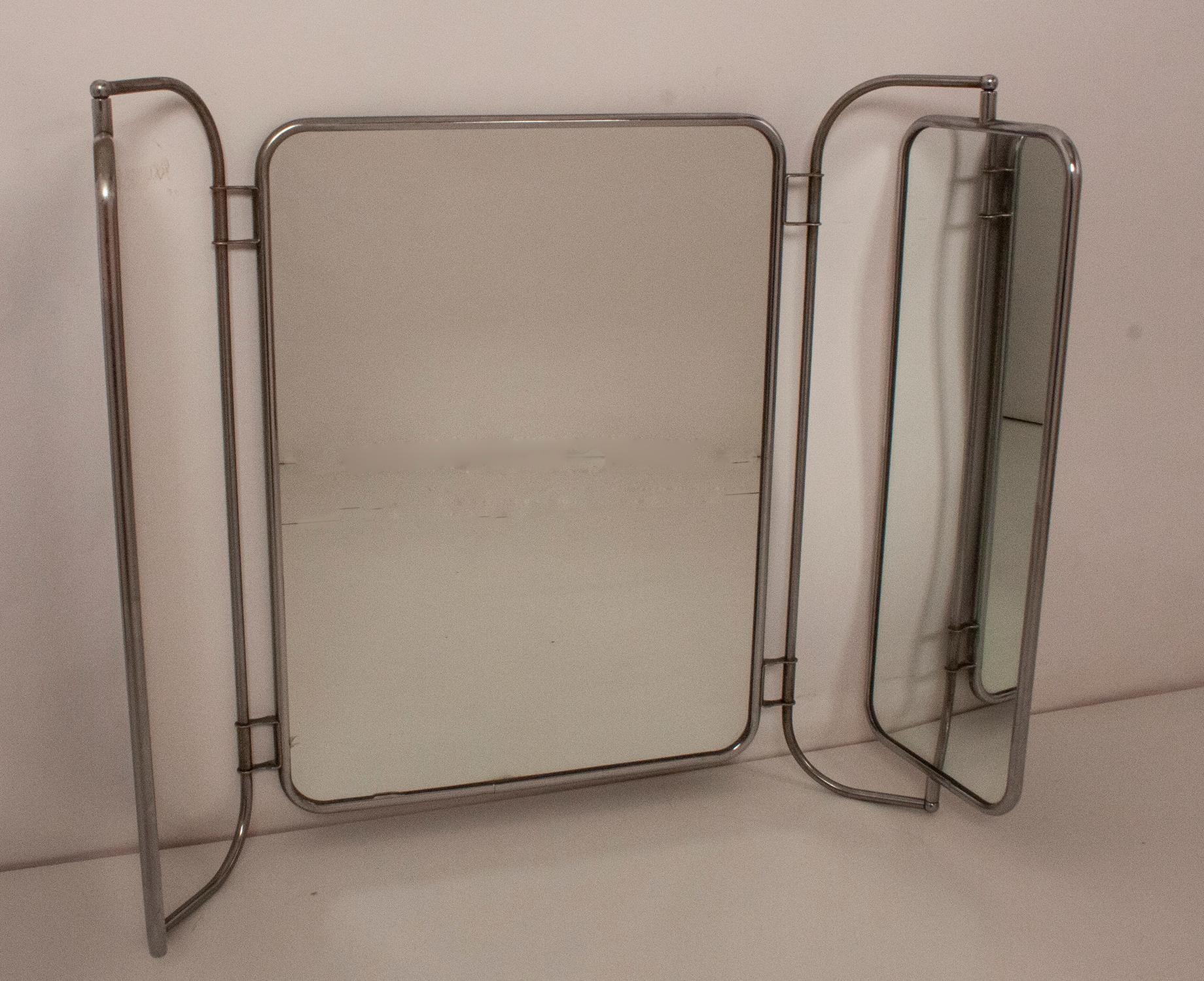 Mid-Century Modern Large Triptych Mirror in Bakelite and Chrome, Spain, 1950's