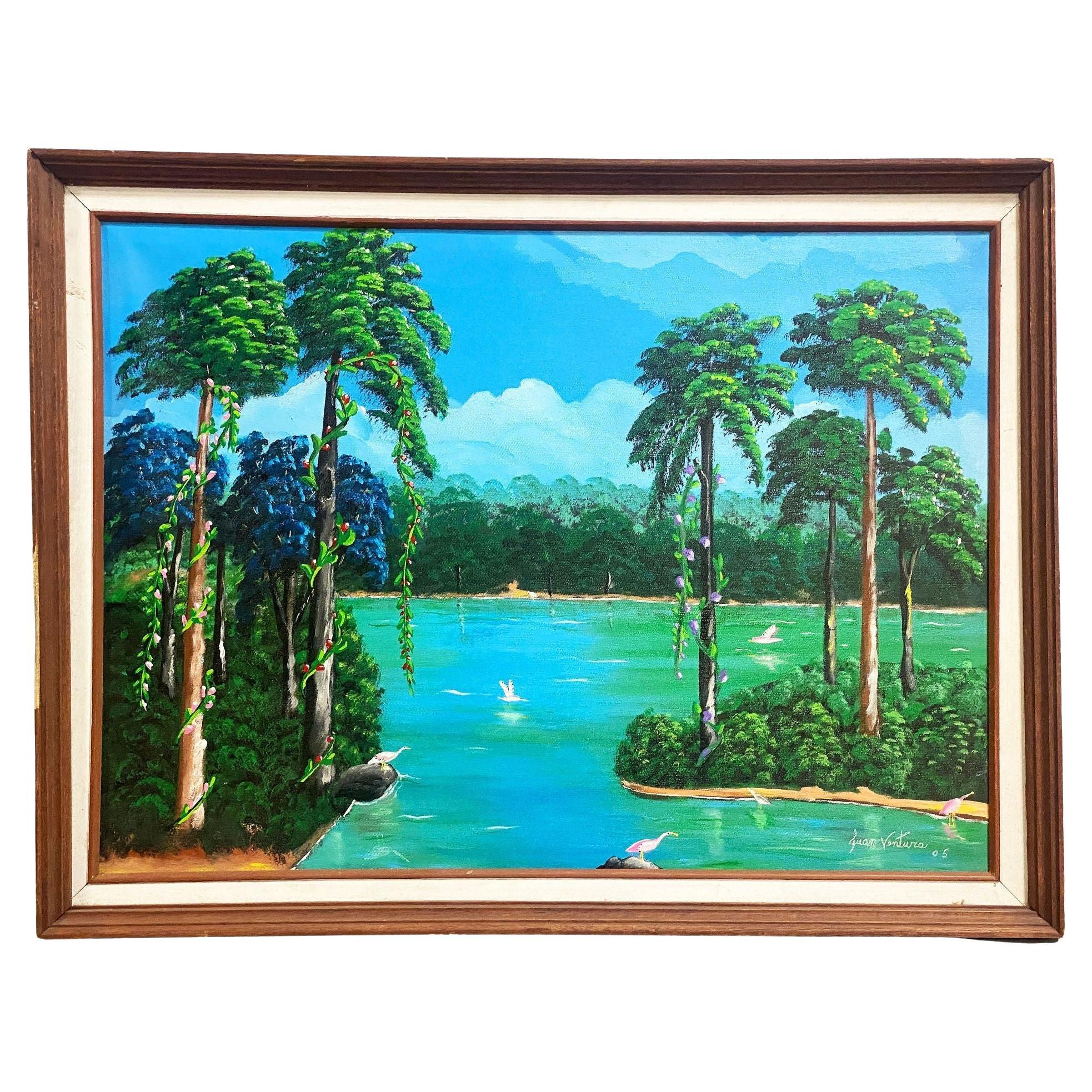 Large Tropical Hawaiian Scenic with Flamingos Oil on Canvas Signed For Sale