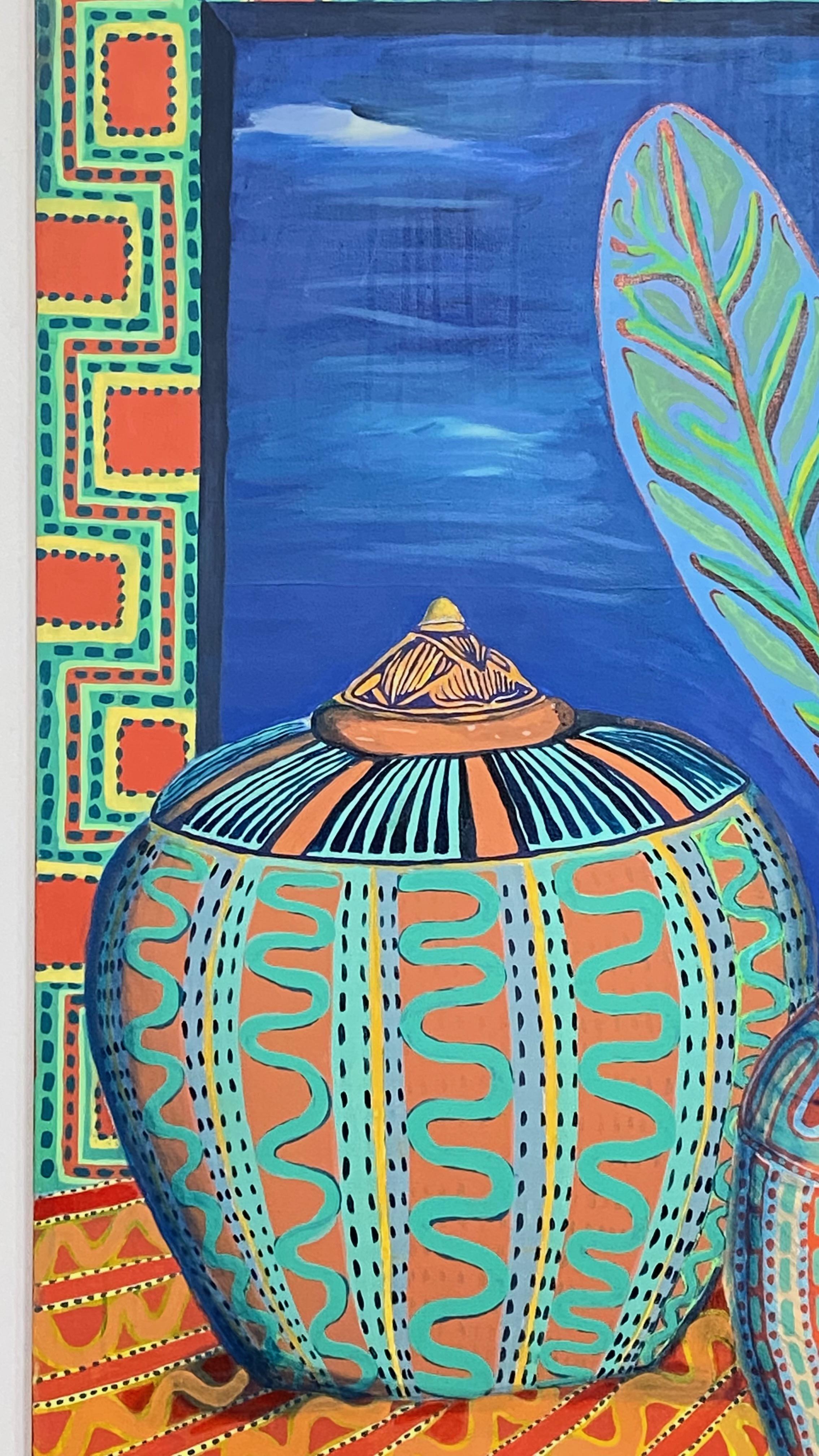 Peint à la main Grande peinture de style tropical signée Lisa Gerber, 20ème siècle en vente