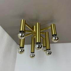 Large Tube Brass 8 Bulb Stilnovo Style Flush Mount Ceiling Light, Italy 1960s