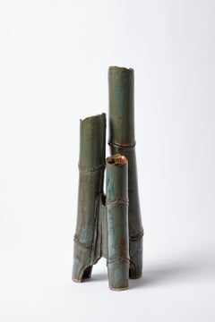 Large tubular vase « Bambou » in blue glazed stoneware by Jean-Pierre Bonardot.