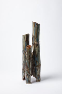 Large tubular vase « Bambou » in blue glazed stoneware by Jean-Pierre Bonardot.