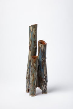 Large tubular vase « Bambou » in blue glazed stoneware by Jean-Pierre Bonardot.
