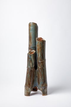 Large tubular vase « Bambou » in blue glazed stoneware by Jean-Pierre Bonardot.