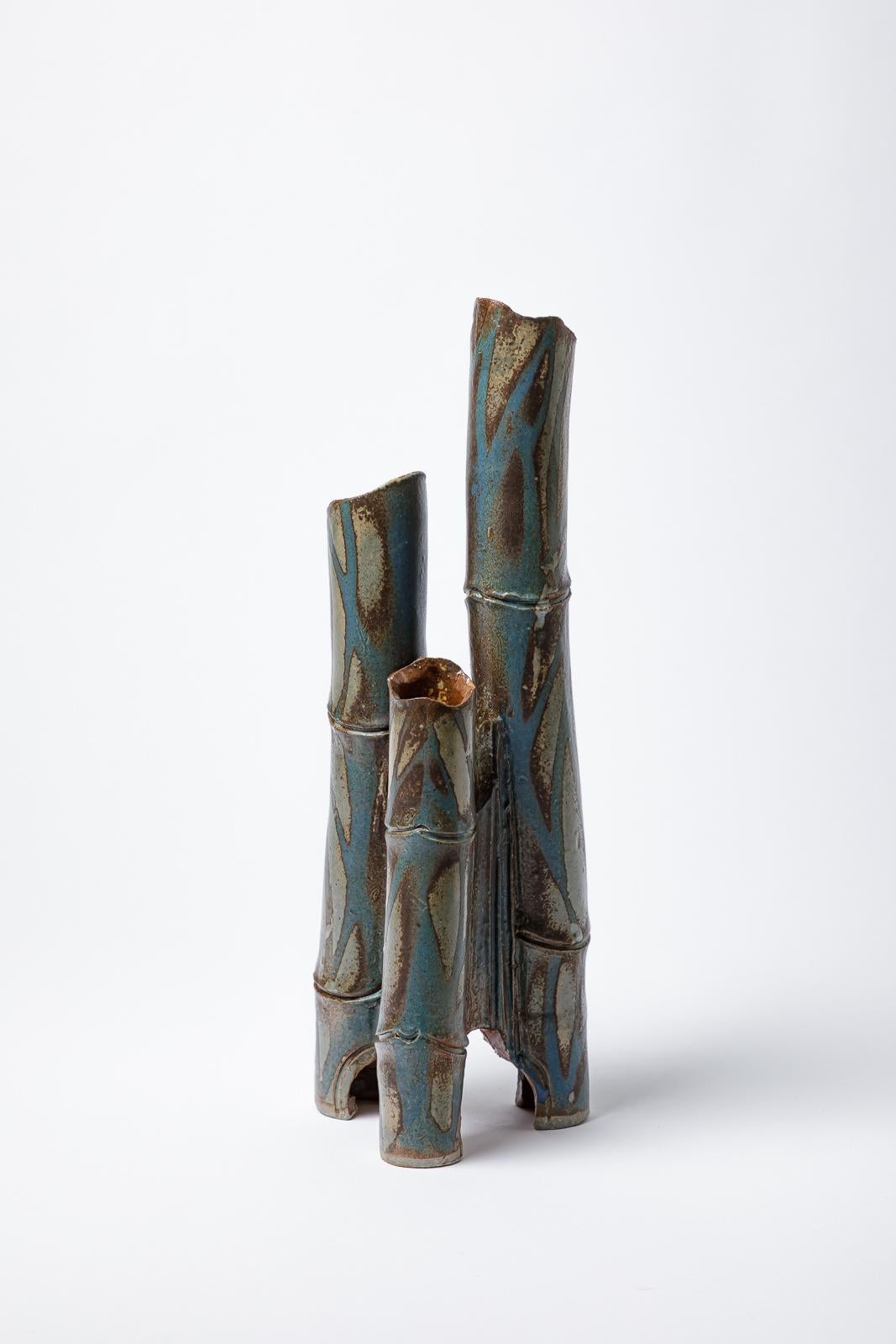 Beaux Arts Large tubular vase « Bambou » in blue glazed stoneware by Jean-Pierre Bonardot. For Sale