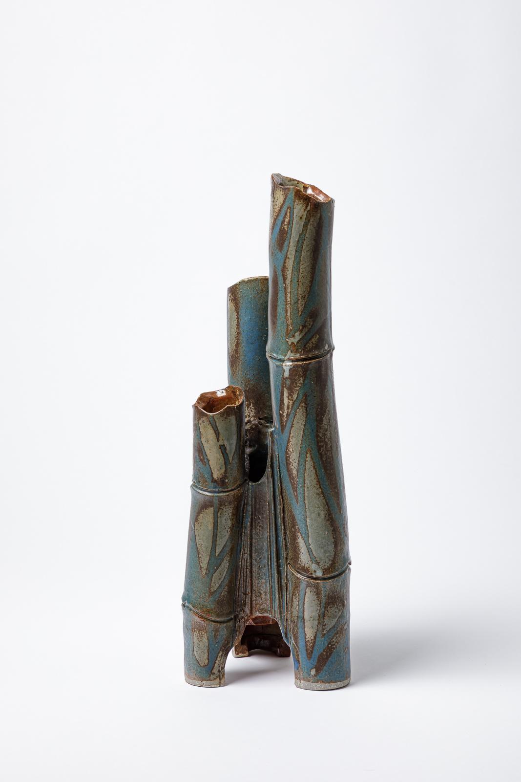 French Large tubular vase « Bambou » in blue glazed stoneware by Jean-Pierre Bonardot. For Sale
