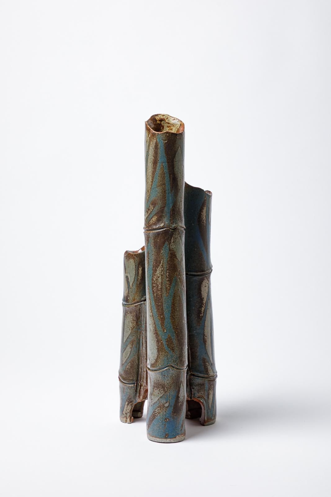 Large tubular vase « Bambou » in blue glazed stoneware by Jean-Pierre Bonardot. In Excellent Condition For Sale In Saint-Ouen, FR
