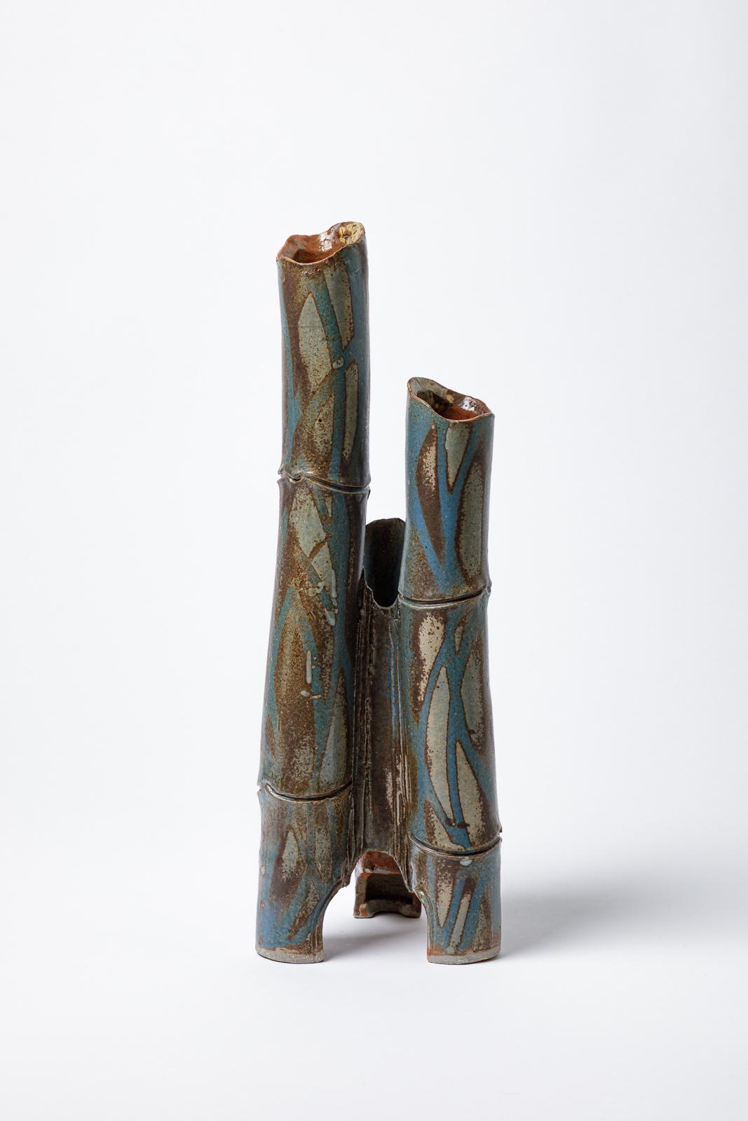 20th Century Large tubular vase « Bambou » in blue glazed stoneware by Jean-Pierre Bonardot. For Sale