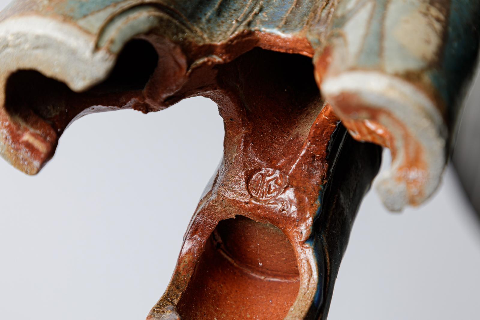 Ceramic Large tubular vase « Bambou » in blue glazed stoneware by Jean-Pierre Bonardot. For Sale