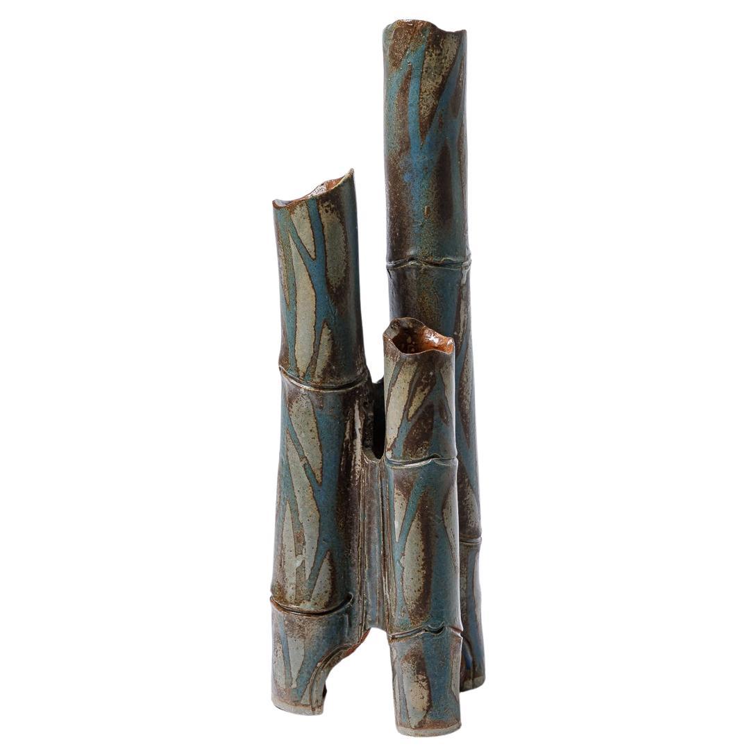 Large tubular vase « Bambou » in blue glazed stoneware by Jean-Pierre Bonardot. For Sale