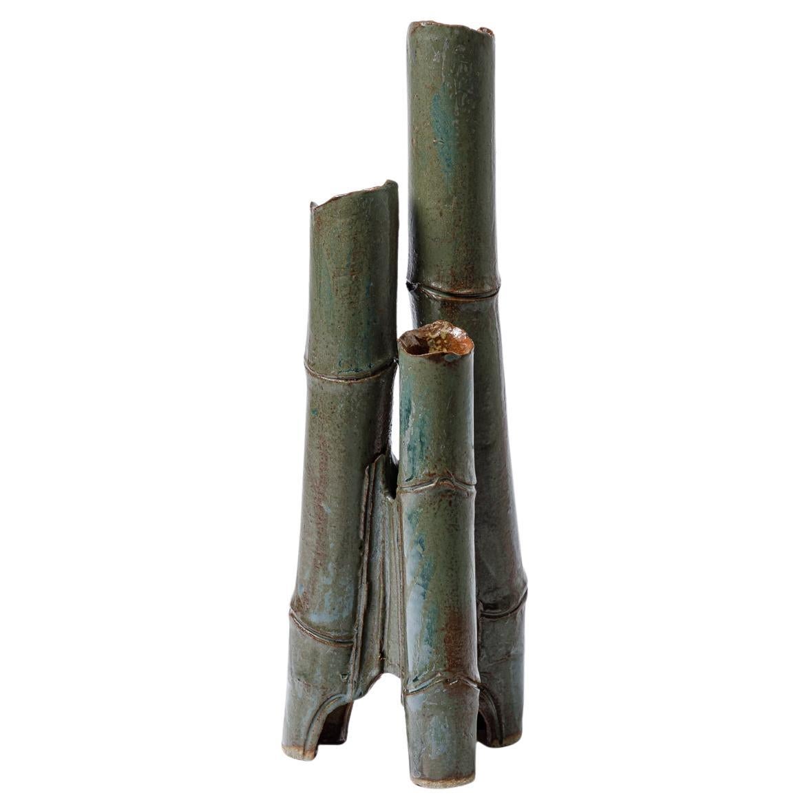 Large tubular vase « Bambou » in blue glazed stoneware by Jean-Pierre Bonardot.