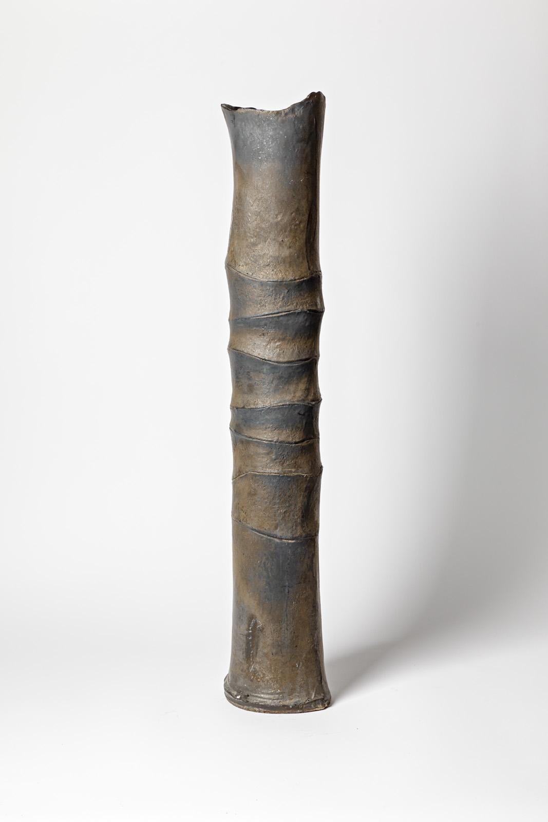 French Large Tubular Vase in Black Glazed Stoneware, Jean-Pierre Bonardot, circa 1990 For Sale