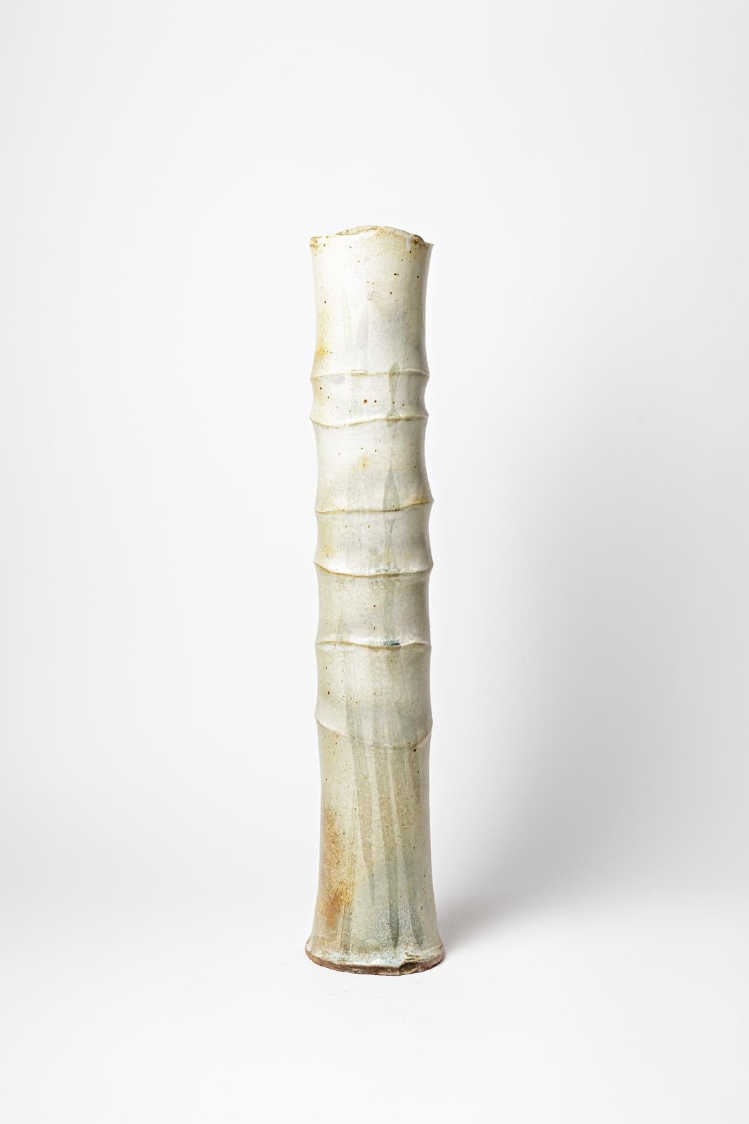 Beaux Arts Large Tubular Vase in White Glazed Stoneware, Jean-Pierre Bonardot, circa 1990