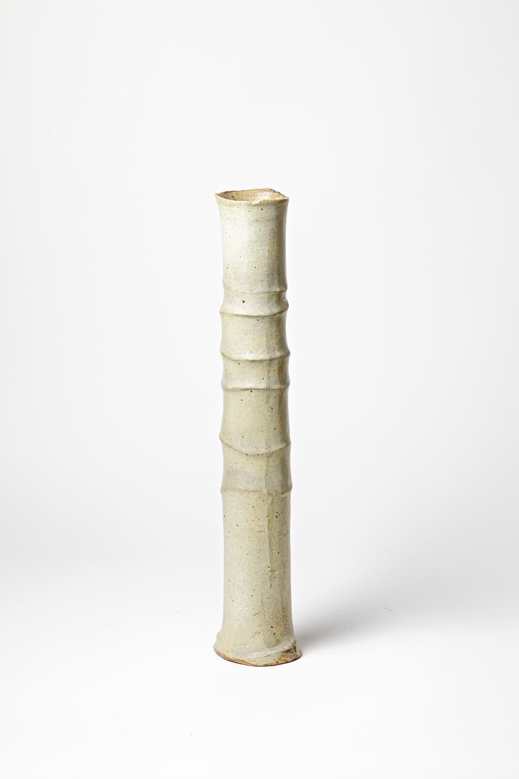 French Large Tubular Vase in White Glazed Stoneware, Jean-Pierre Bonardot, circa 1990