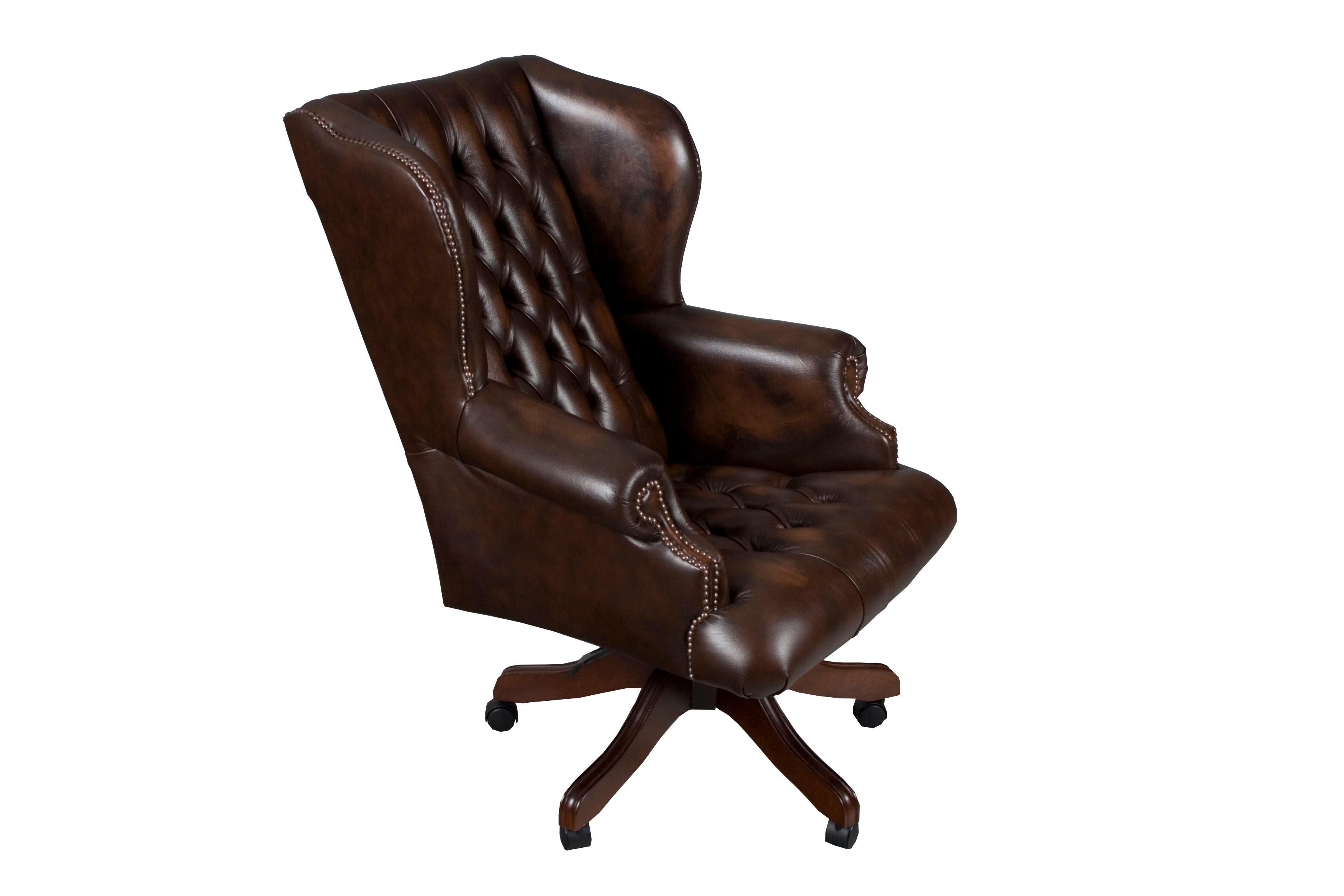 This exquisite piece is a new, English made large leather desk chair. The maker in England who crafted it has over 40 years experience in creating masterpieces of leather furniture! He uses the finest techniques including eight way hand tied strings