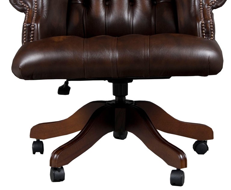 Large Tufted Brown Leather Desk Chair For Sale at 1stDibs