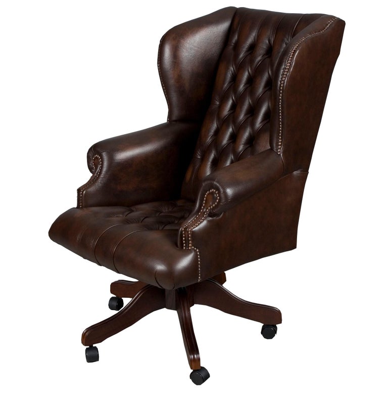 Large Tufted Brown Leather Desk Chair For Sale at 1stDibs