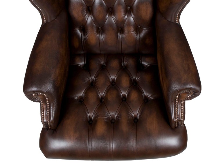 Large Tufted Brown Leather Desk Chair For Sale at 1stDibs