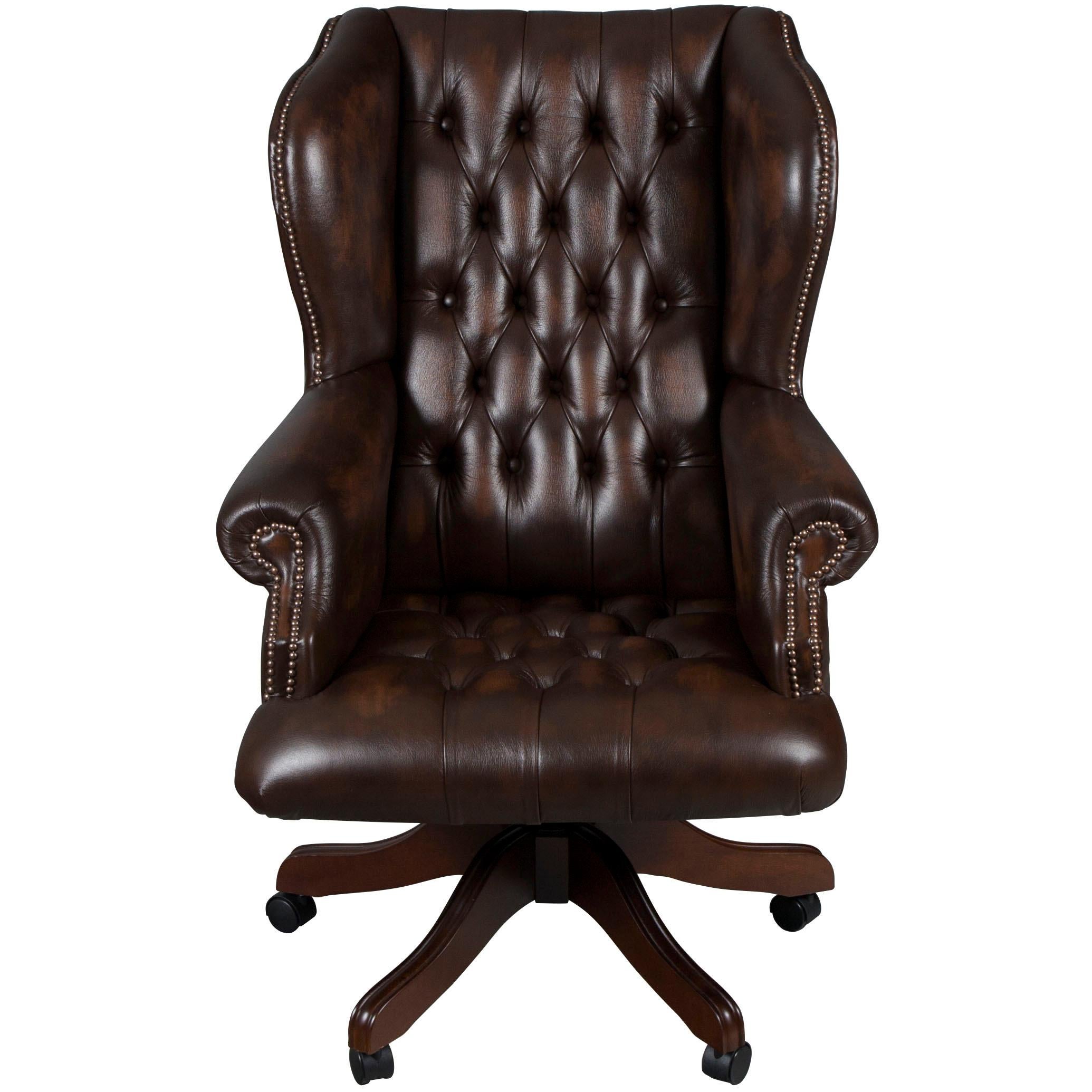 Grand fauteuil de bureau en cuir brun touffeté en vente
