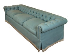 Large Tufted Custom Blue Silk Sofa