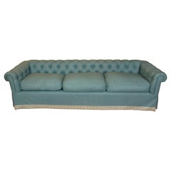 Vintage Large Tufted Custom Blue Silk Sofa