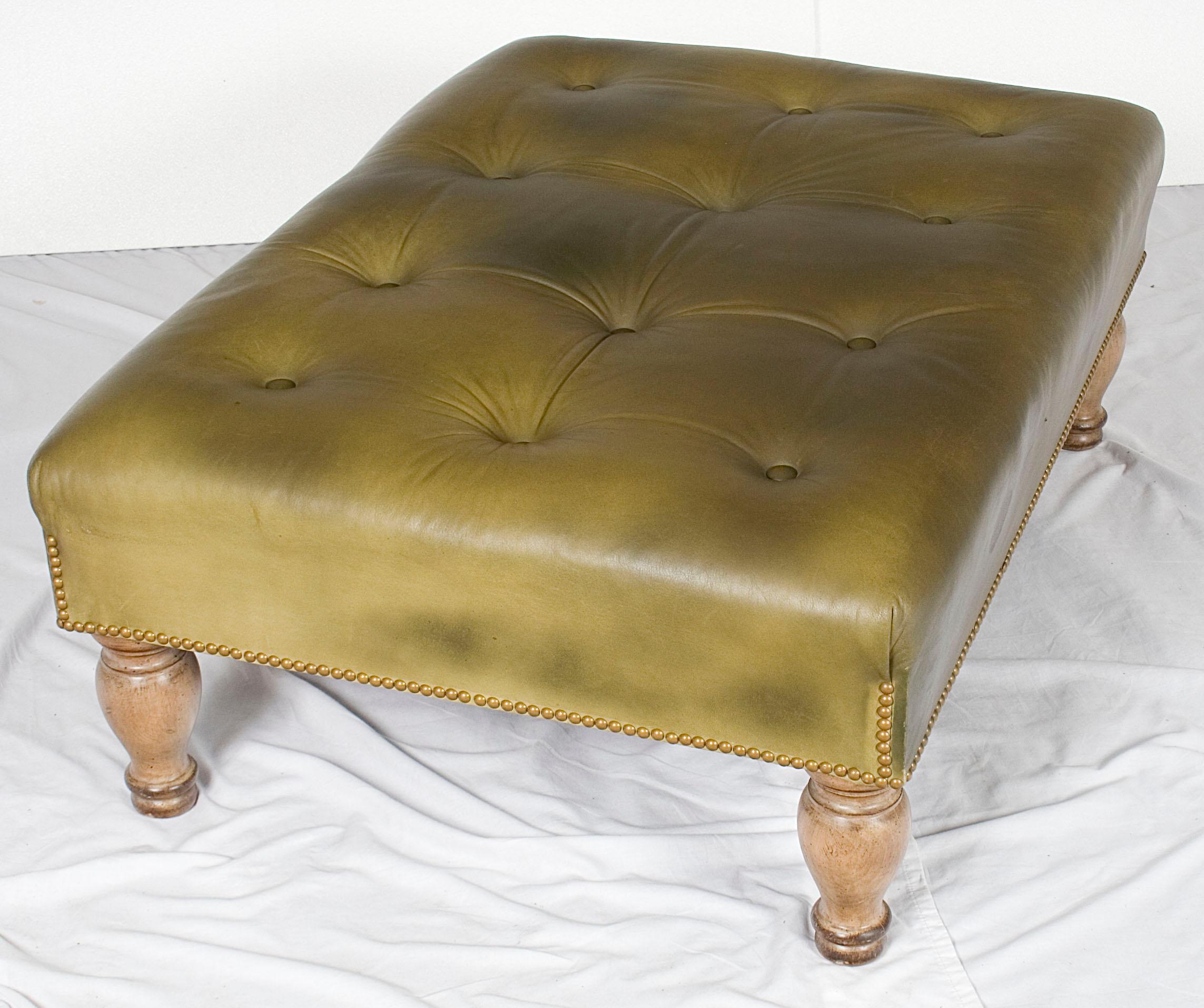 American Large Tufted Green Leather Ottoman Footstool