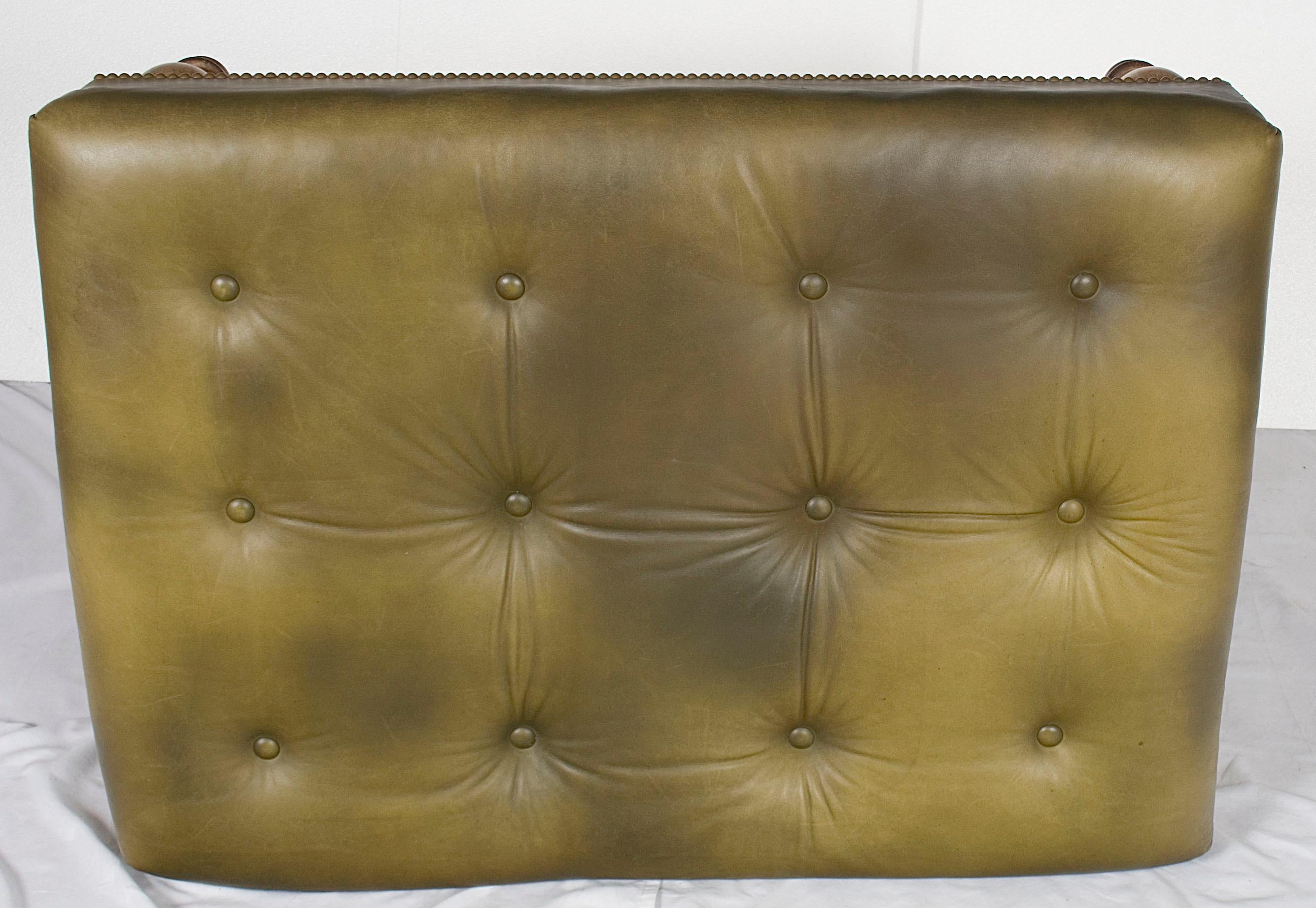 Large Tufted Green Leather Ottoman Footstool In Good Condition In Atlanta, GA