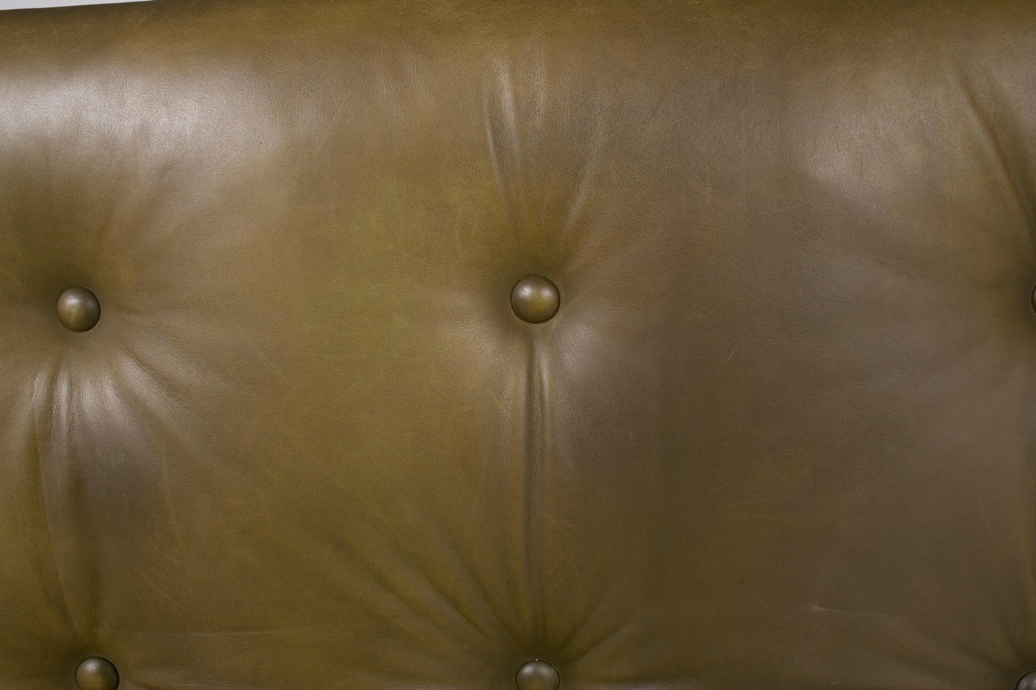 Mid-20th Century Large Tufted Green Leather Ottoman Footstool