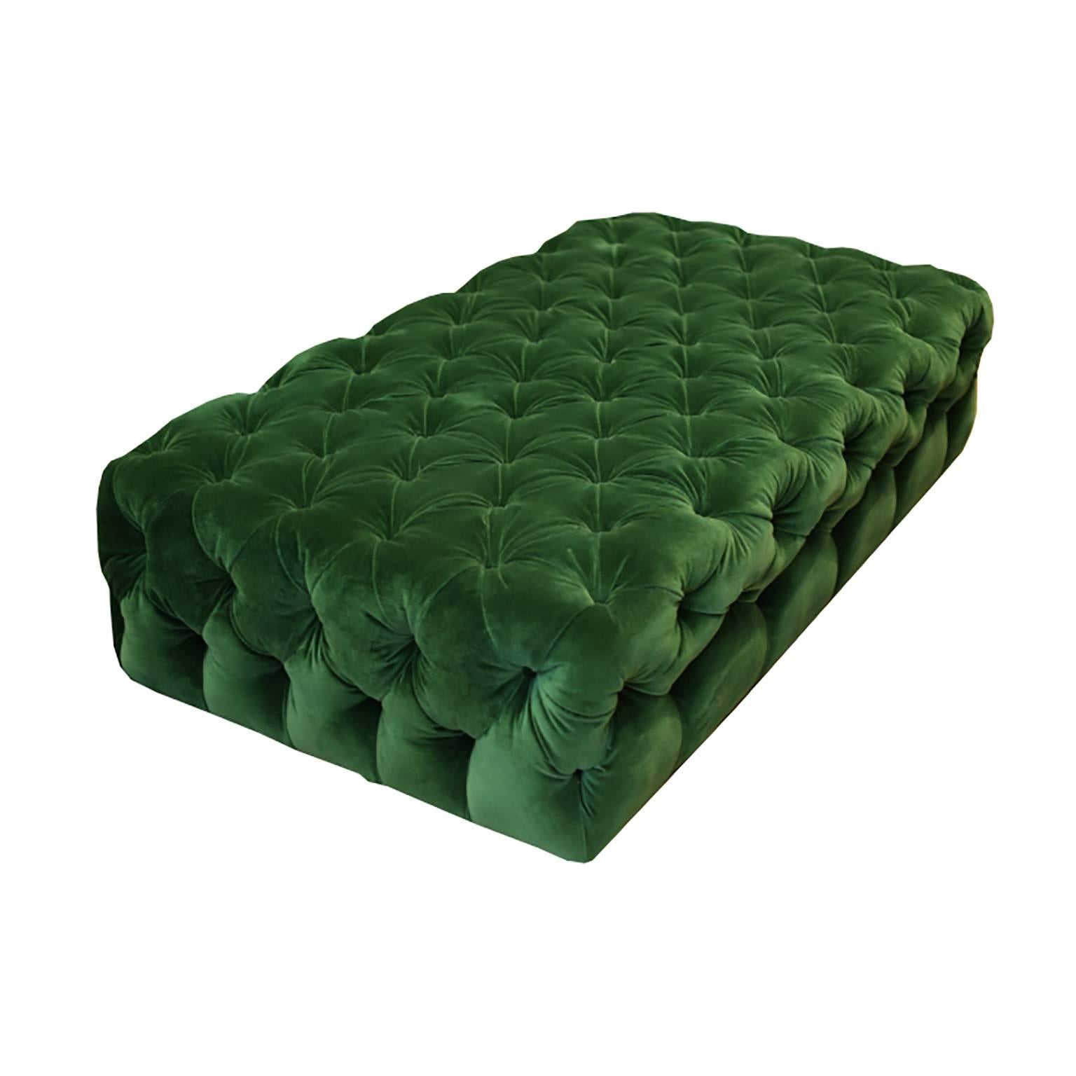 Large Tufted Green Velvet Ottoman by Plantation and Room and Board, circa 2015