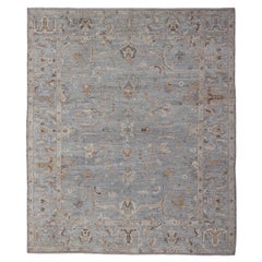 Grand tapis Oushak en laine d'Angora turque, fabriqué par Keivan Woven Arts, bleu clair, 12'2 x 14'8