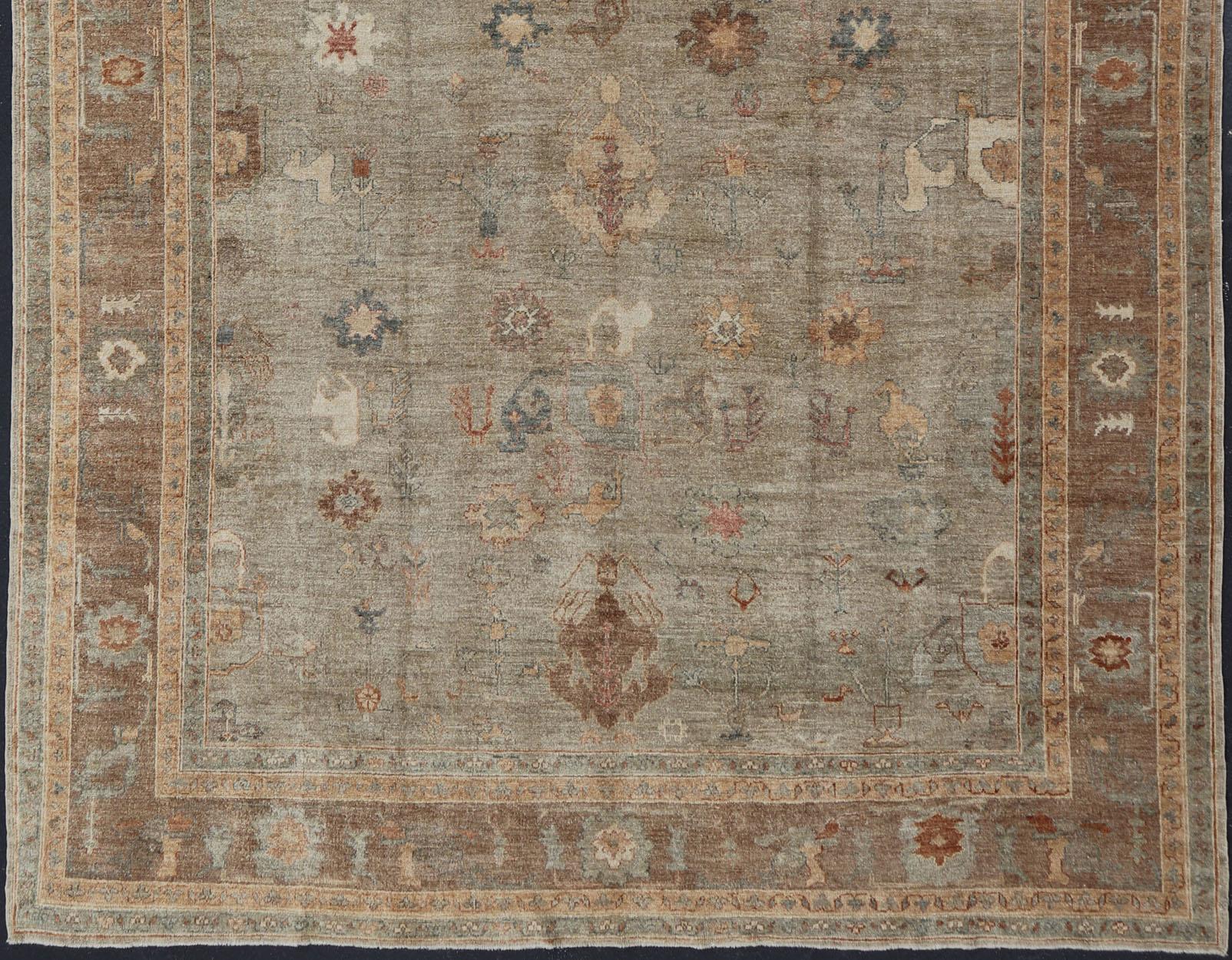 Großer türkischer Angora-Oushak-Teppich in Washed Sage mit Rost und Elfenbein 11'10 x 17'4 im Angebot 5