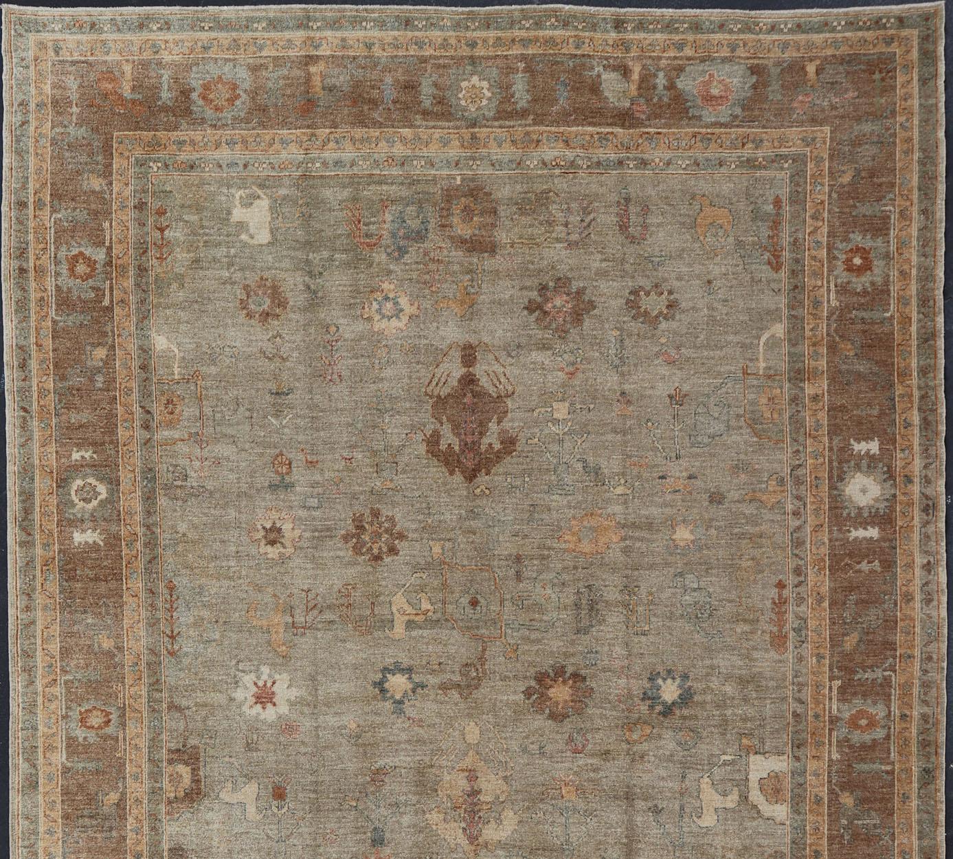 Großer türkischer Angora-Oushak-Teppich in Washed Sage mit Rost und Elfenbein 11'10 x 17'4 im Angebot 2