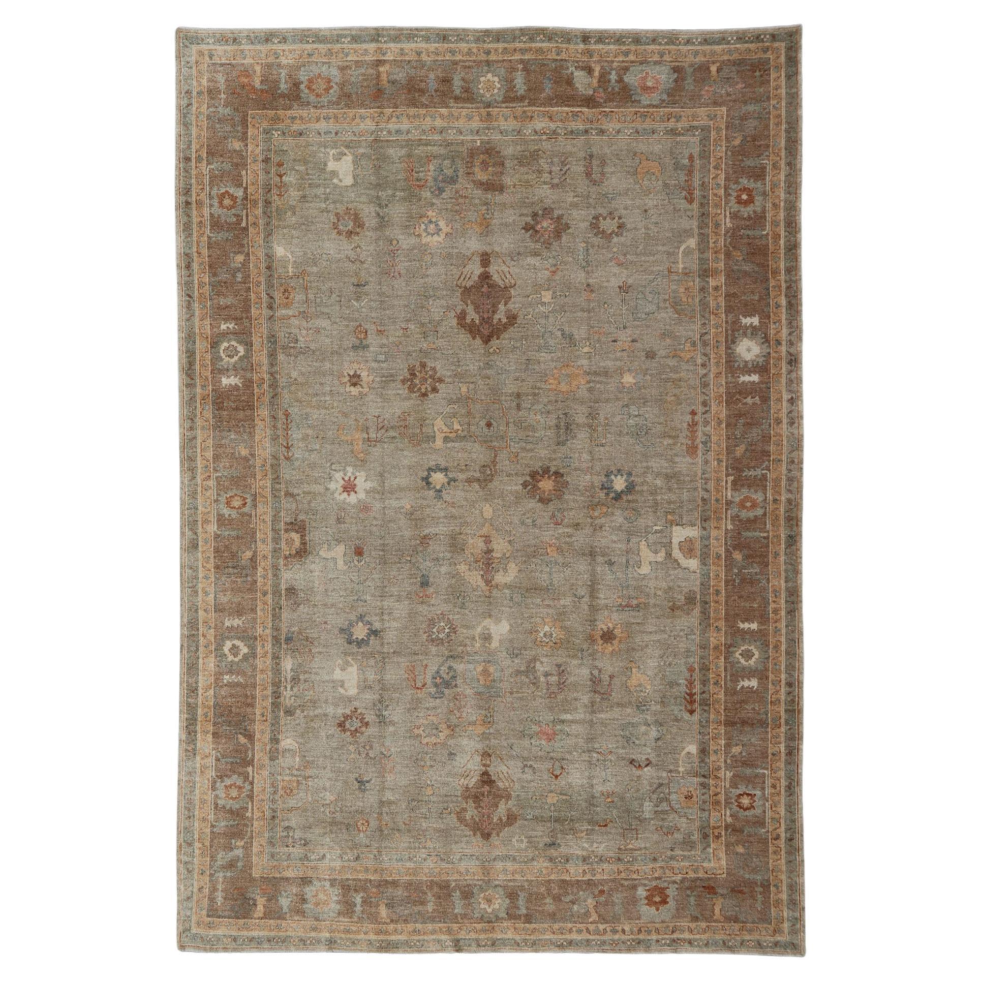Grand tapis turc Angora Oushak en Sage lavé avec rouille et ivoire 11
10 x 17
4