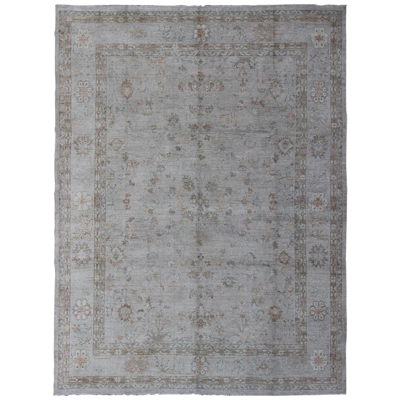 Large Turkish Angora Oushak Rug with All-Over Vining Floral Design in Neutral Co For Sale
