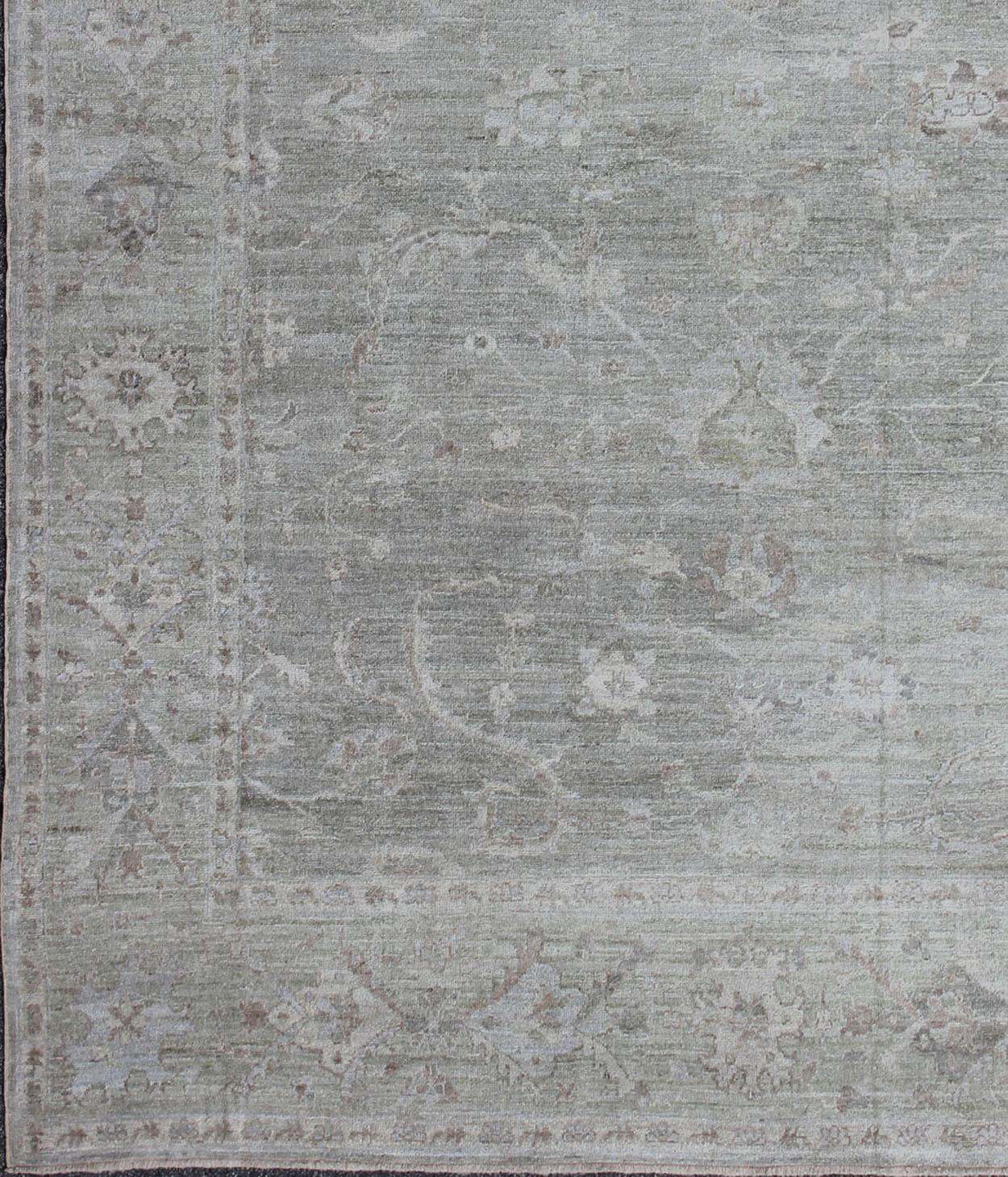 Hand-Knotted Large Turkish Angora Oushak Rug with All-Over Vining Floral Design in Neutral For Sale
